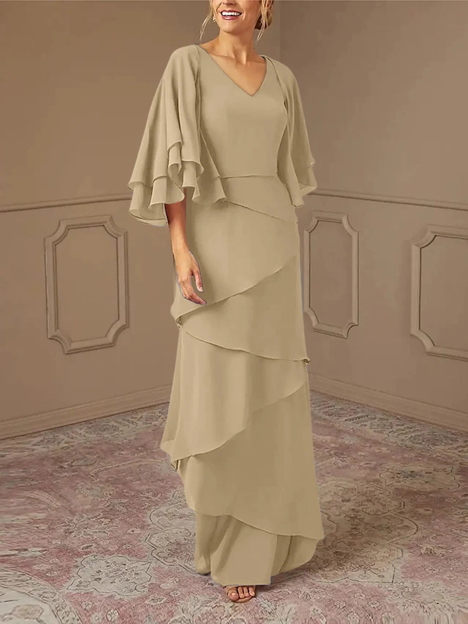 Dusty Blue Chiffon A-Line Floor-Length Dress with V-Neck & Tiered Skirt and Flutter Sleeves