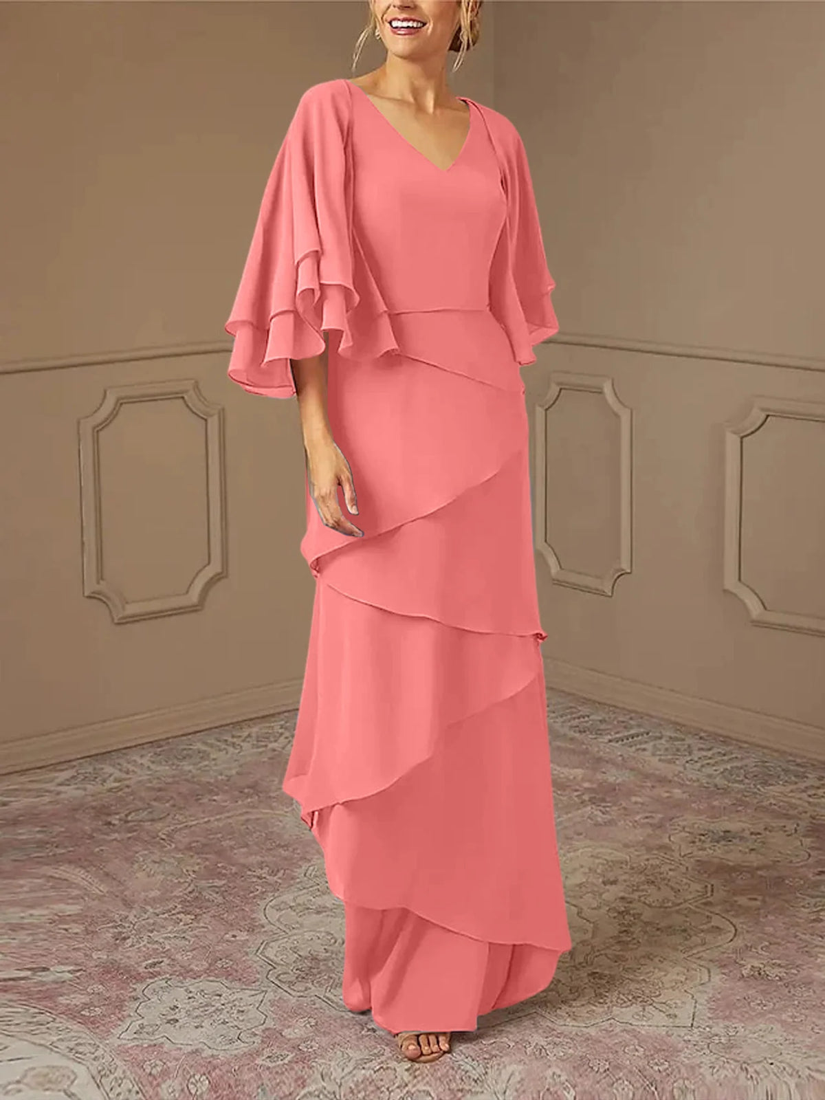 Dusty Blue Chiffon A-Line Floor-Length Dress with V-Neck & Tiered Skirt and Flutter Sleeves