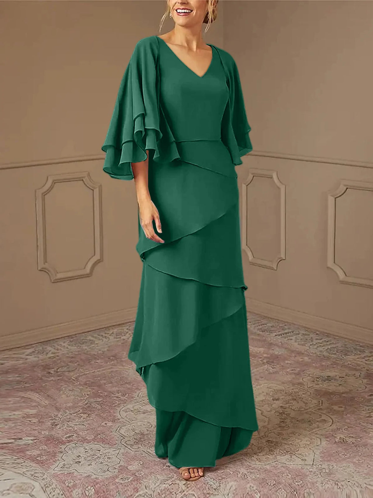 Dusty Blue Chiffon V-Neck Sheath/Column Floor-Length Evening Dress