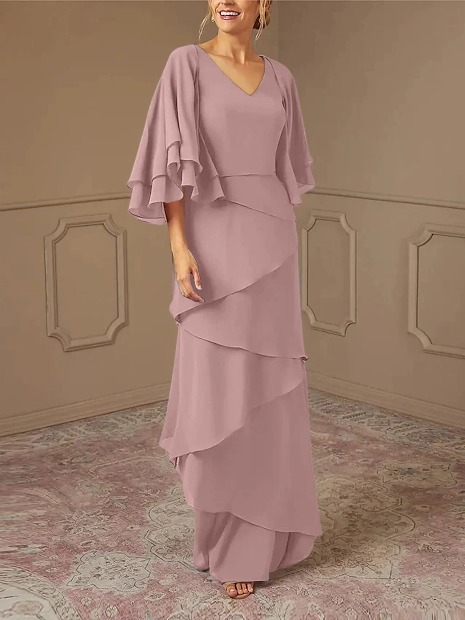 Dusty Blue Chiffon A-Line Floor-Length Dress with V-Neck & Tiered Skirt and Flutter Sleeves