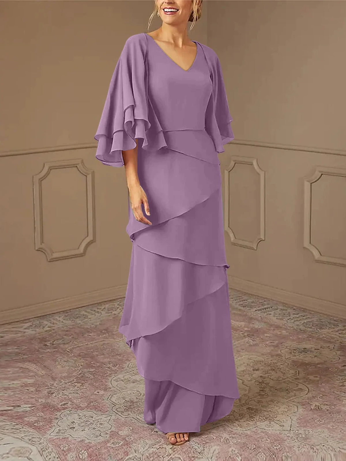 Dusty Blue Chiffon A-Line Floor-Length Dress with V-Neck & Tiered Skirt and Flutter Sleeves