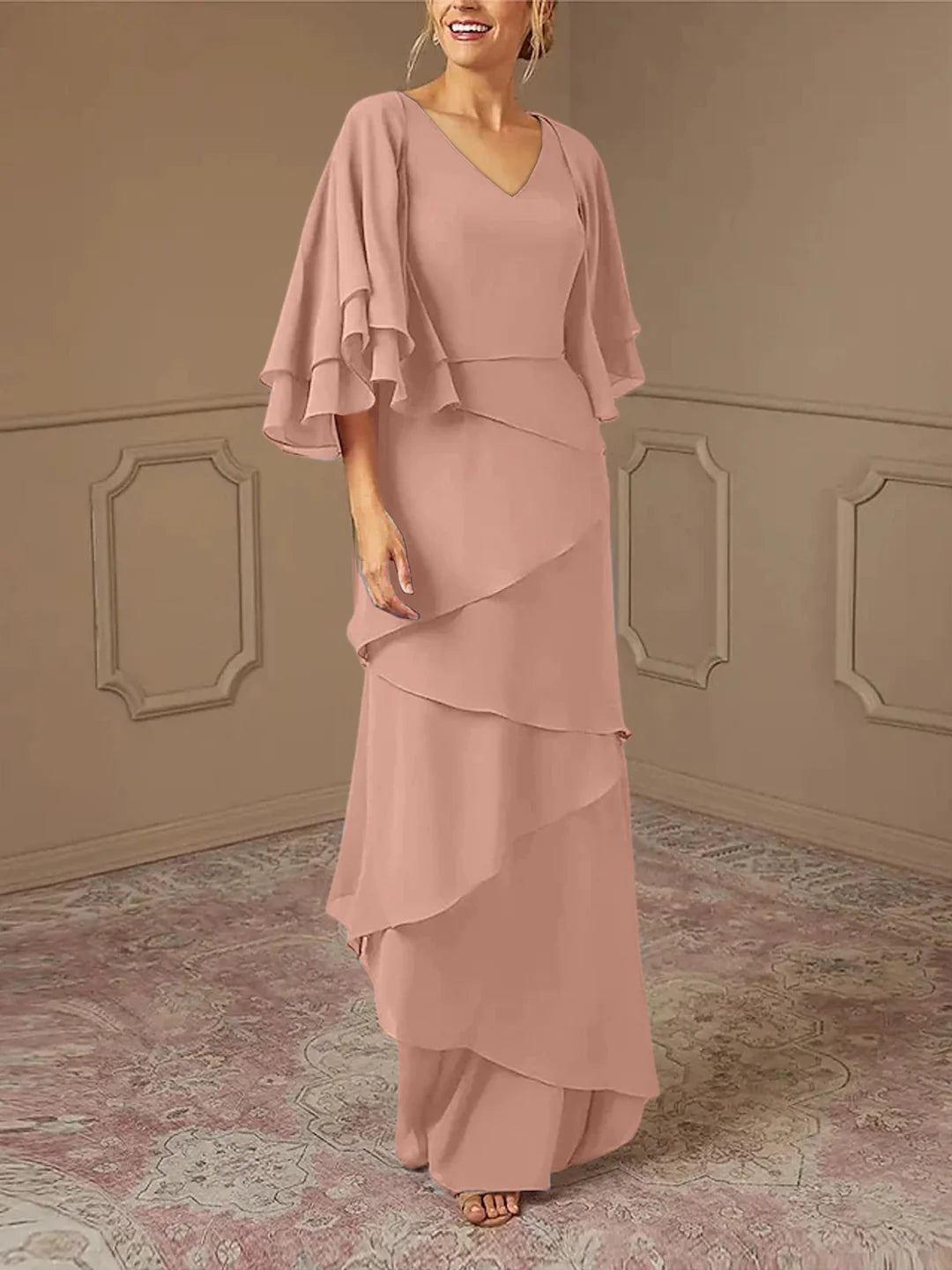 Dusty Blue Chiffon A-Line Floor-Length Dress with V-Neck & Tiered Skirt and Flutter Sleeves