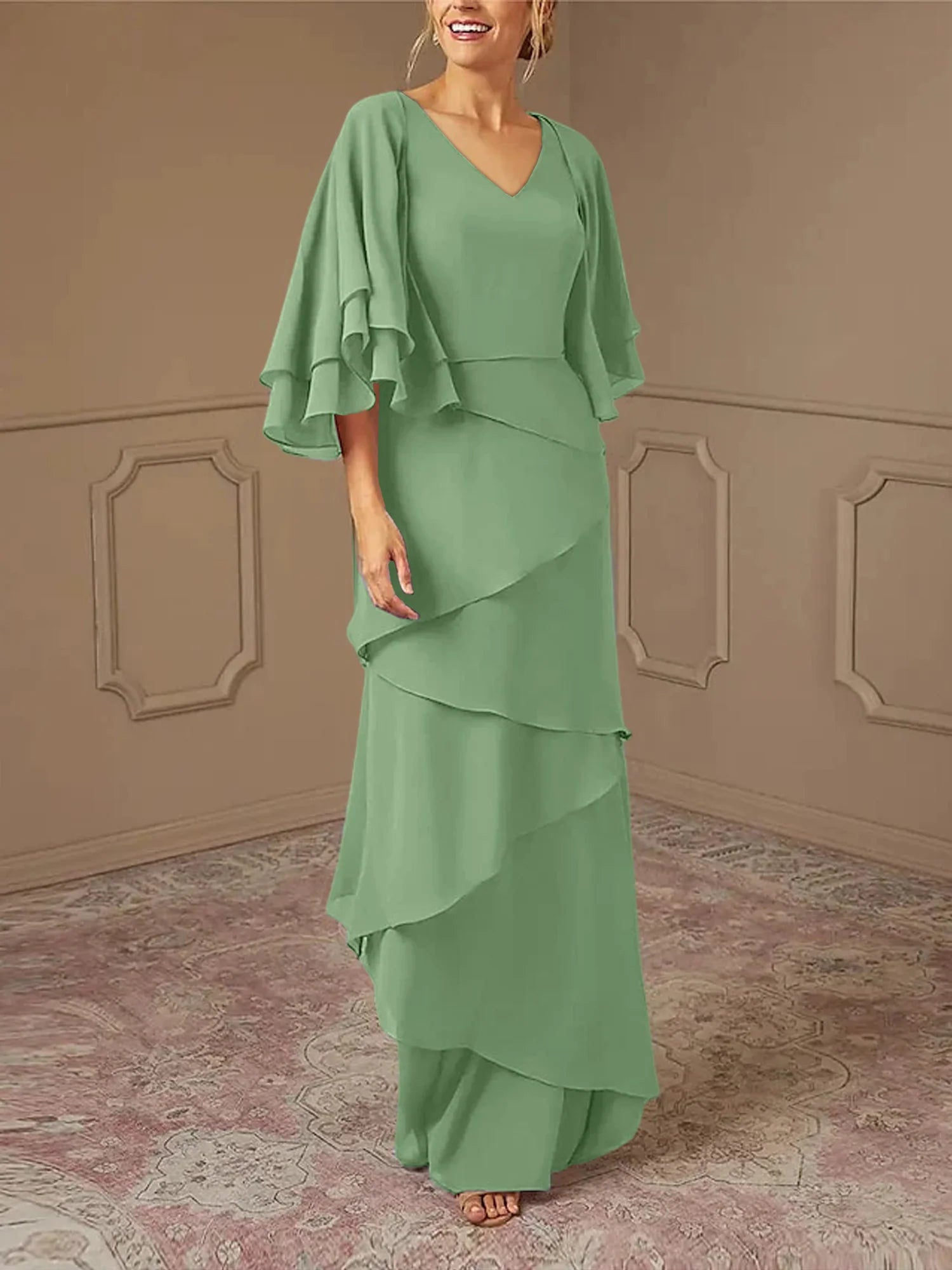 Dusty Blue Chiffon A-Line Floor-Length Dress with V-Neck & Tiered Skirt and Flutter Sleeves