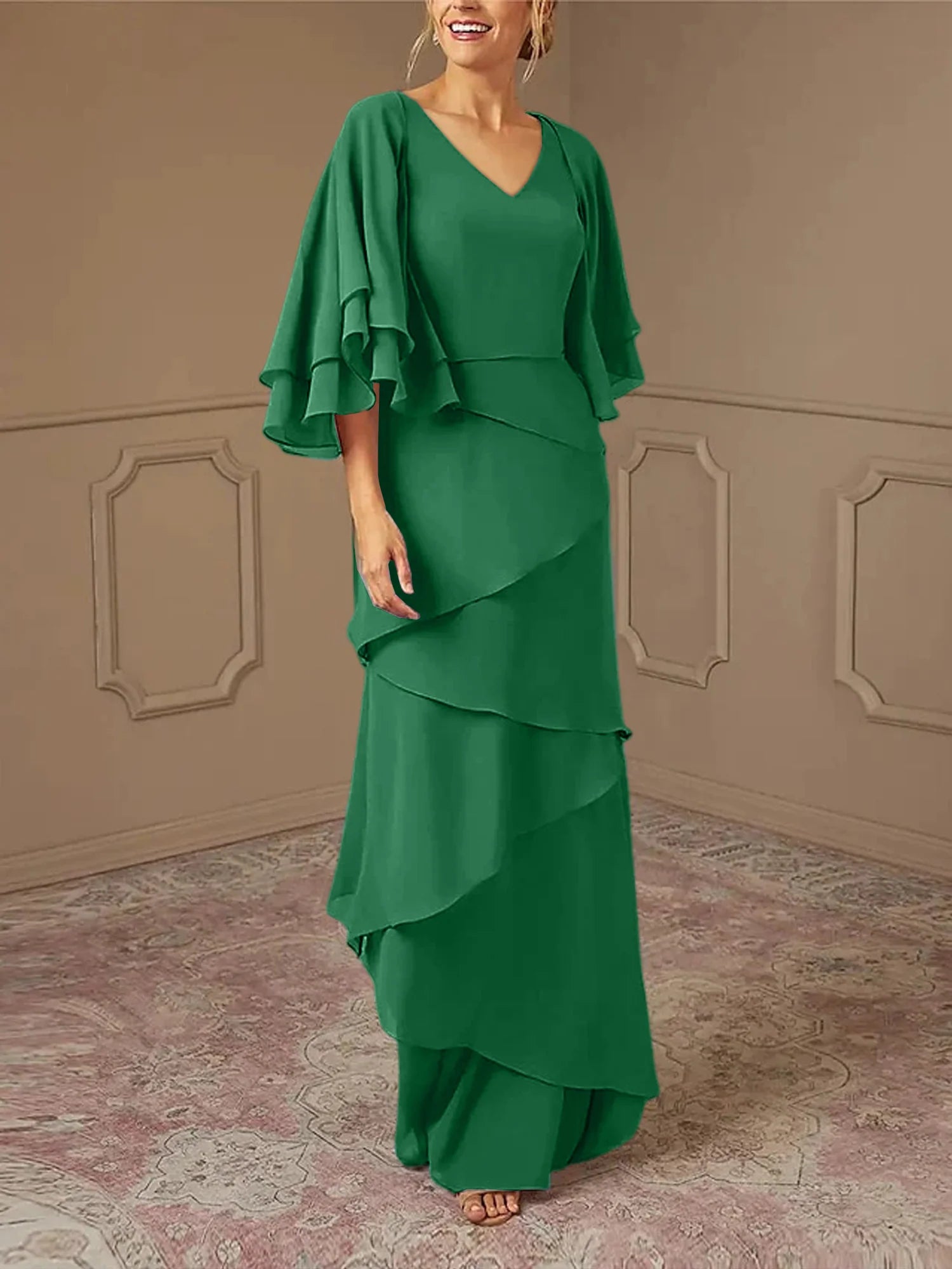 Dusty Blue Chiffon A-Line Floor-Length Dress with V-Neck & Tiered Skirt and Flutter Sleeves