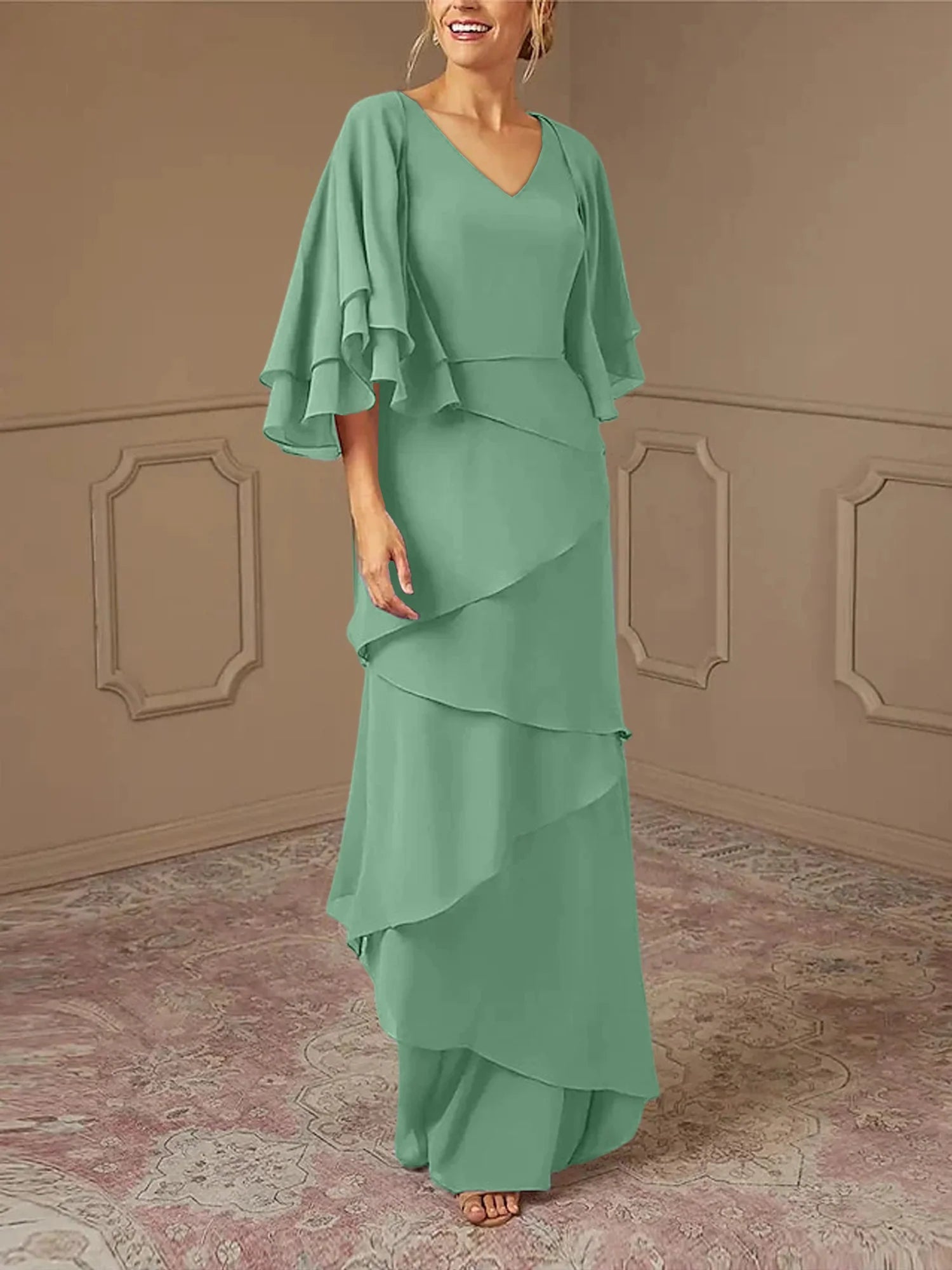 Dusty Blue Chiffon A-Line Floor-Length Dress with V-Neck & Tiered Skirt and Flutter Sleeves