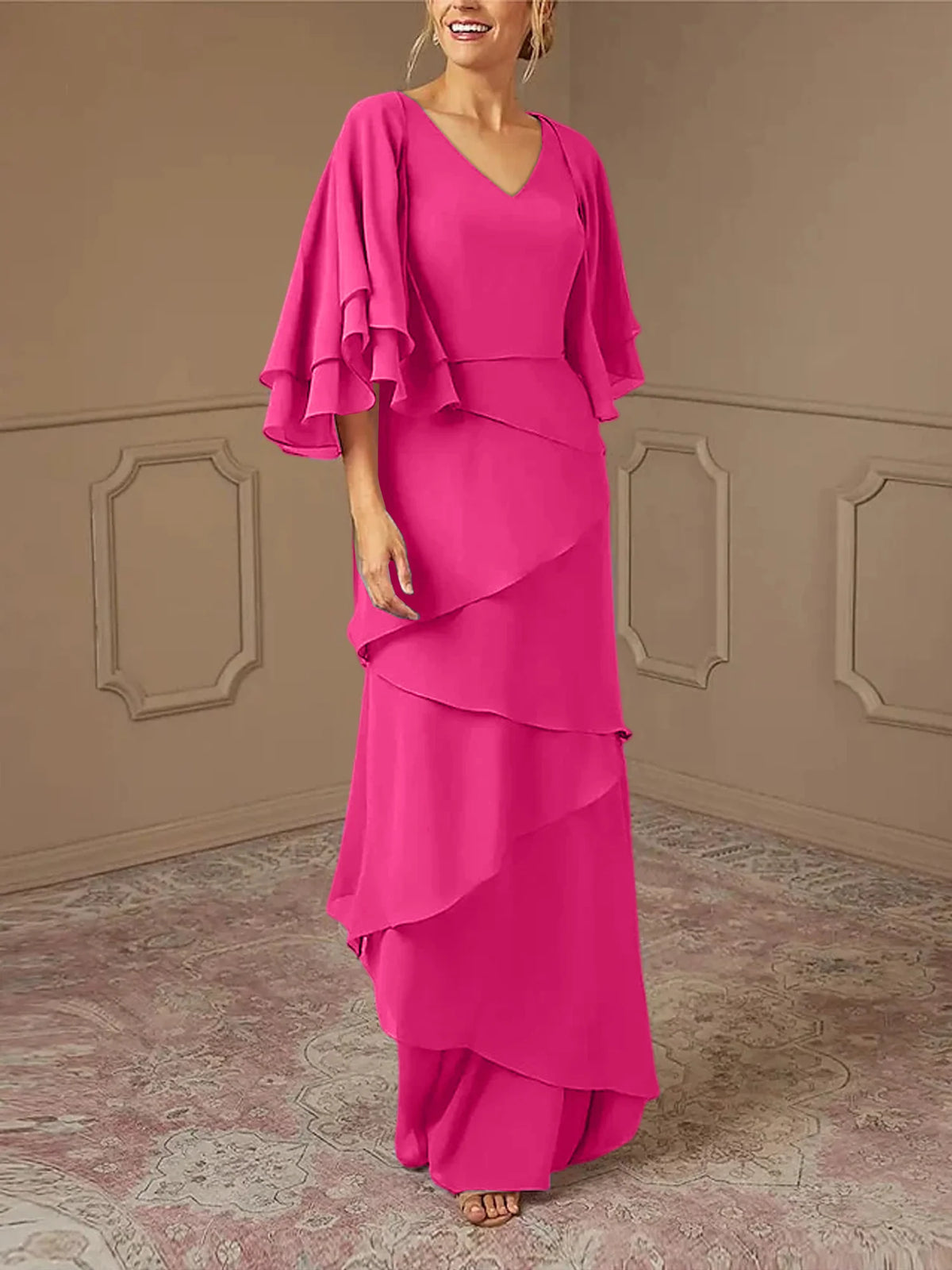 Dusty Blue Chiffon A-Line Floor-Length Dress with V-Neck & Tiered Skirt and Flutter Sleeves