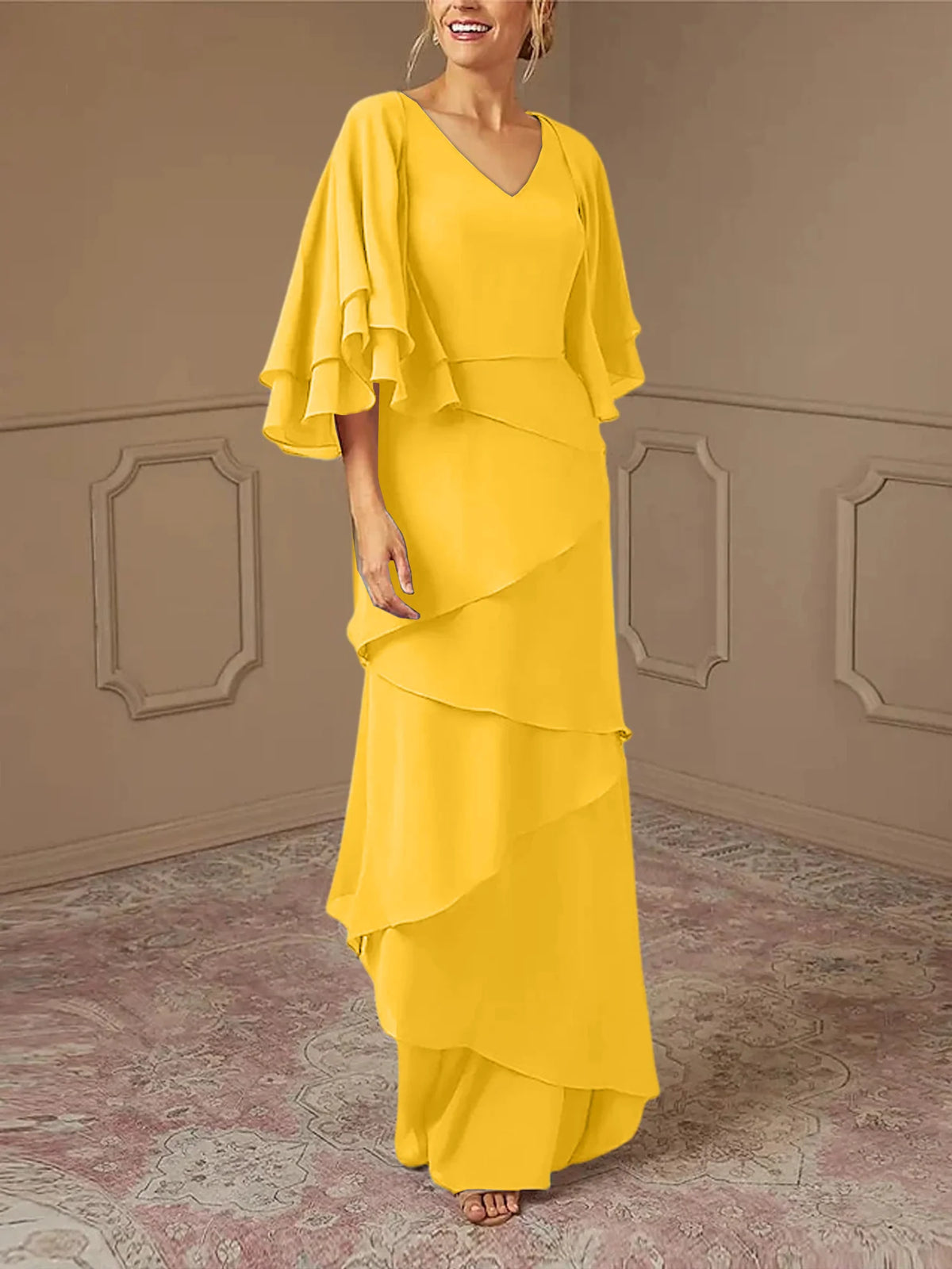 Dusty Blue Chiffon A-Line Floor-Length Dress with V-Neck & Tiered Skirt and Flutter Sleeves