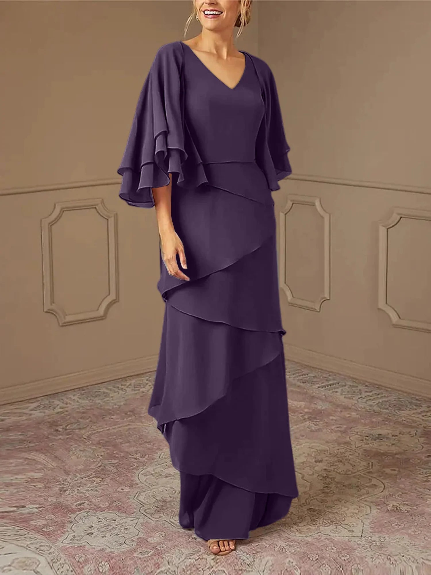 Dusty Blue Chiffon V-Neck Sheath/Column Floor-Length Evening Dress