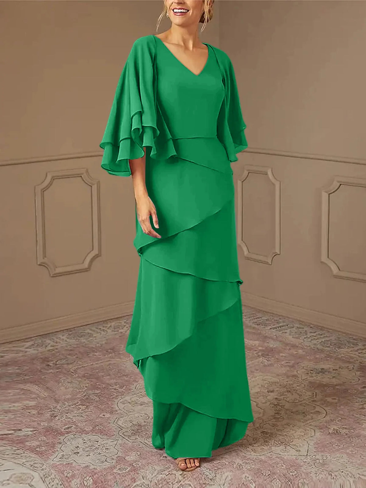 Dusty Blue Chiffon V-Neck Sheath/Column Floor-Length Evening Dress