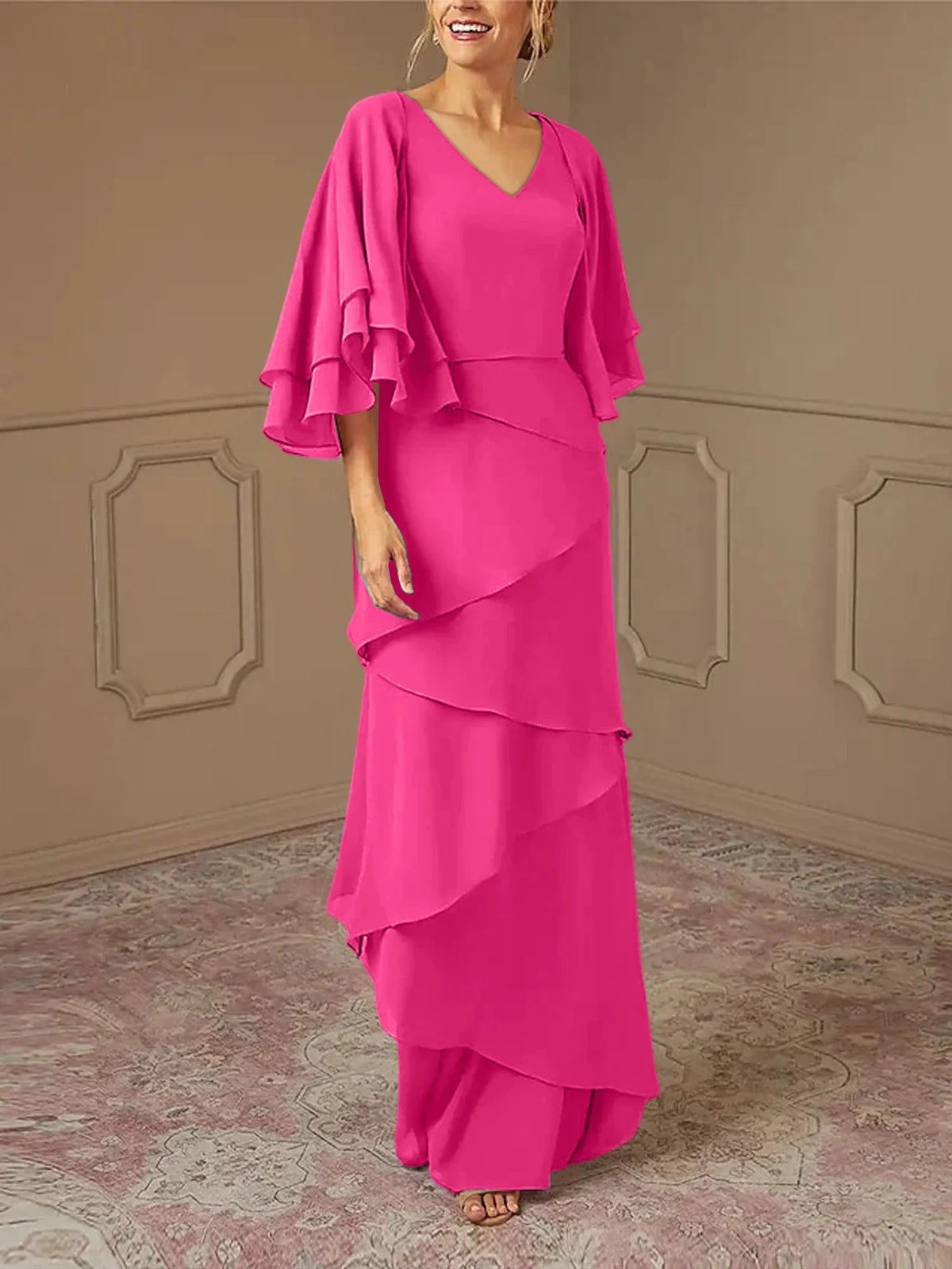 Dusty Blue Chiffon A-Line Floor-Length Dress with V-Neck & Tiered Skirt and Flutter Sleeves