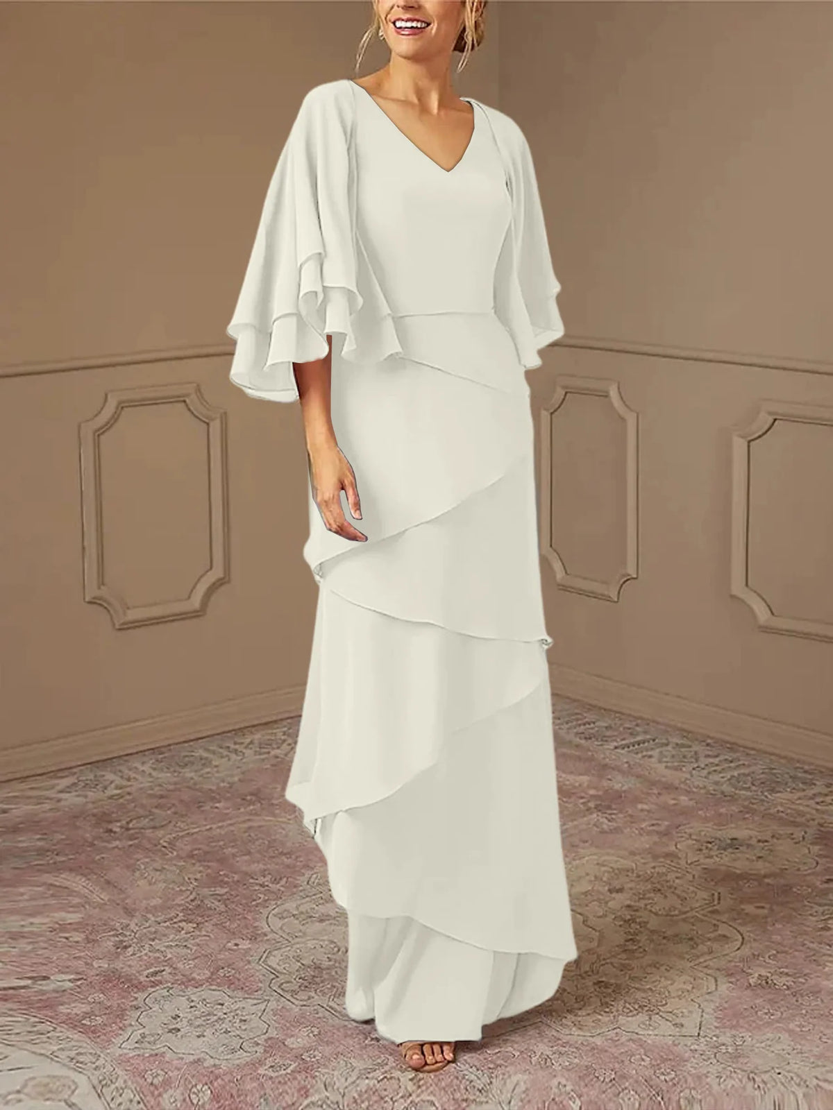 Dusty Blue Chiffon V-Neck Sheath/Column Floor-Length Evening Dress