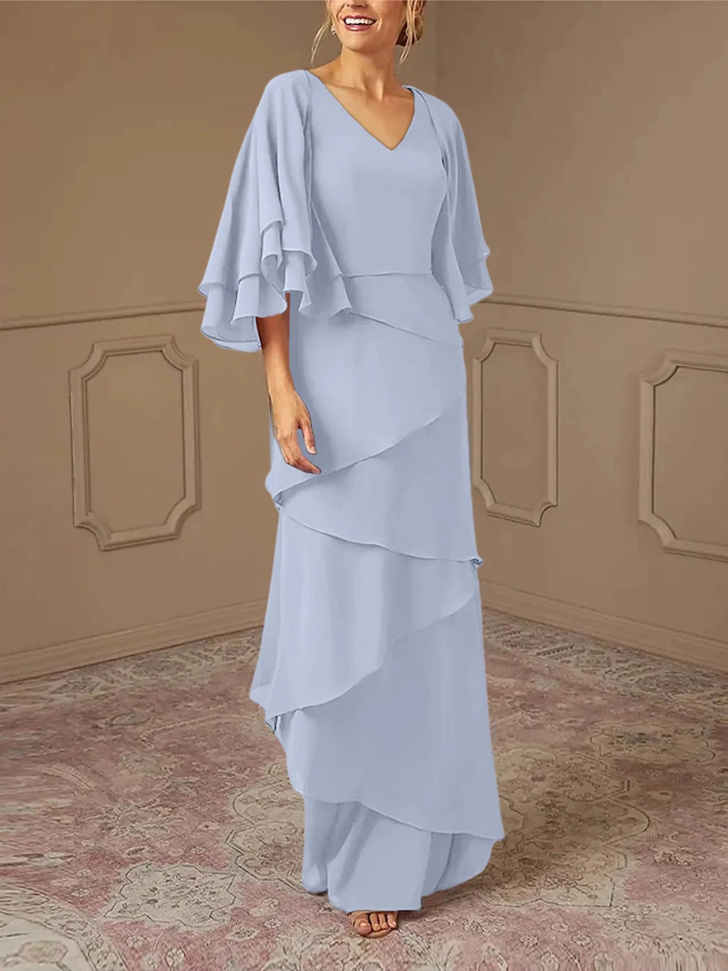 Dusty Blue Chiffon A-Line Floor-Length Dress with V-Neck & Tiered Skirt and Flutter Sleeves