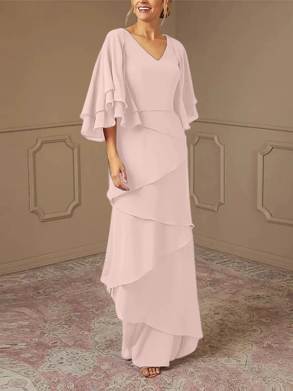 Dusty Blue Chiffon V-Neck Sheath/Column Floor-Length Evening Dress