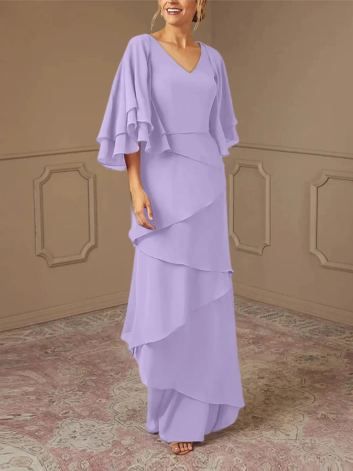 Mint Green Chiffon Layered Flutter Sleeve A-Line Floor-Length Bridesmaid Dress