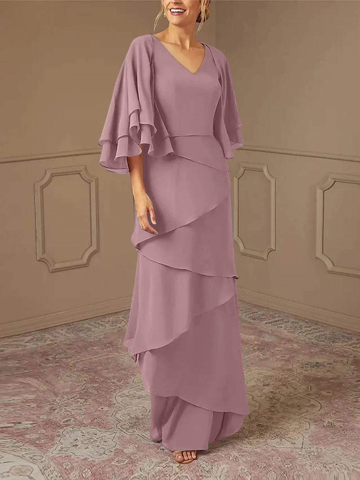 Mint Green Chiffon Layered Flutter Sleeve A-Line Floor-Length Bridesmaid Dress