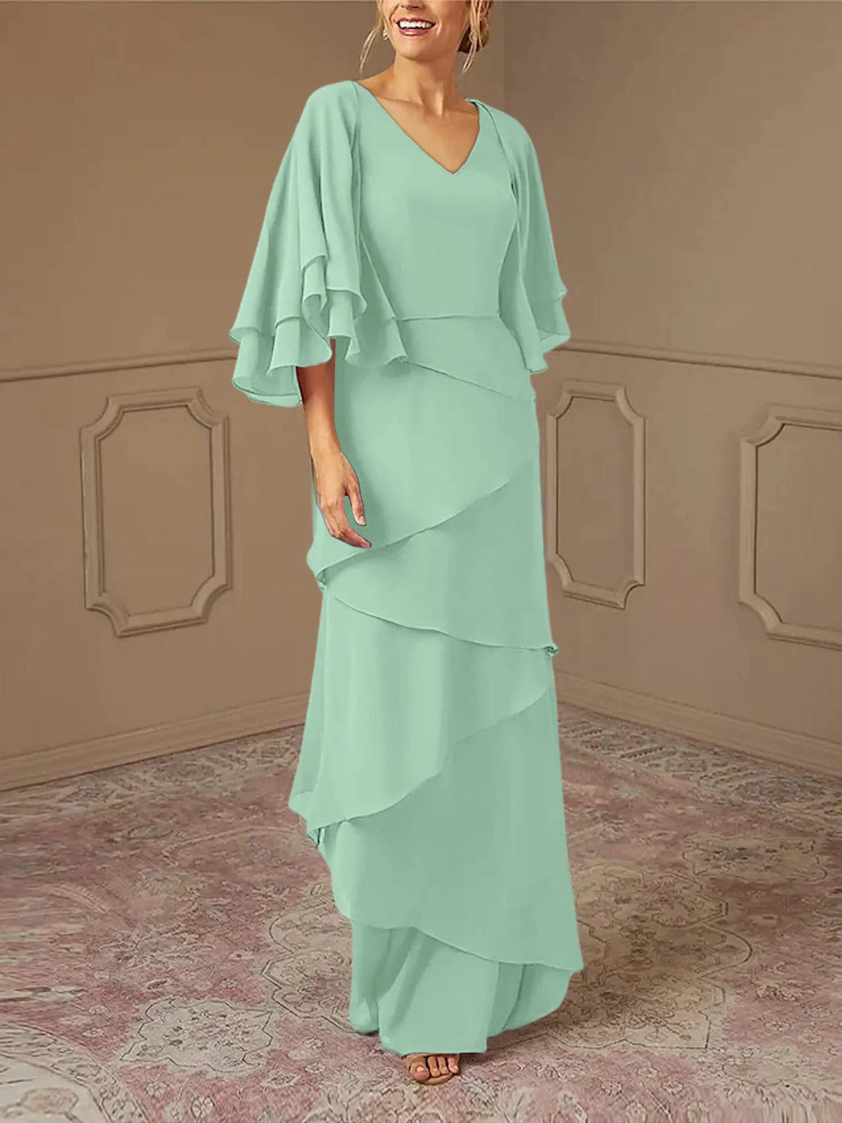 Mint Green Chiffon Layered Flutter Sleeve A-Line Floor-Length Bridesmaid Dress