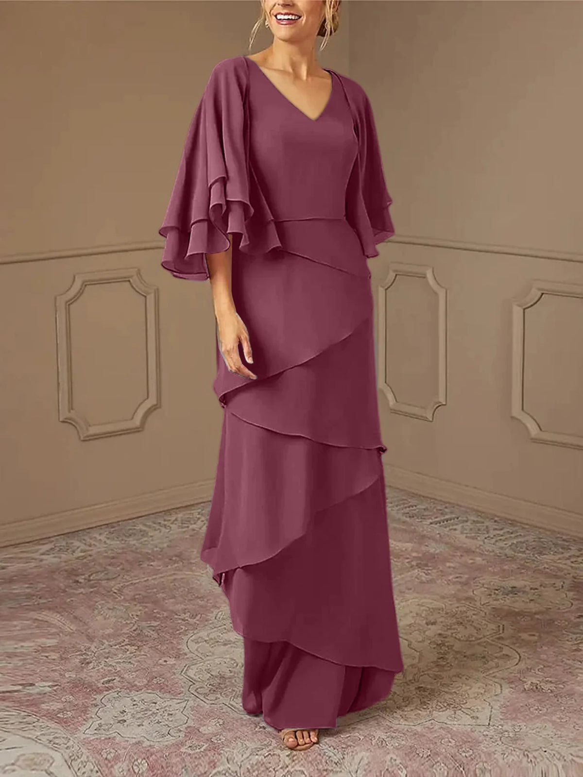 Mint Green Chiffon Layered Flutter Sleeve A-Line Floor-Length Bridesmaid Dress