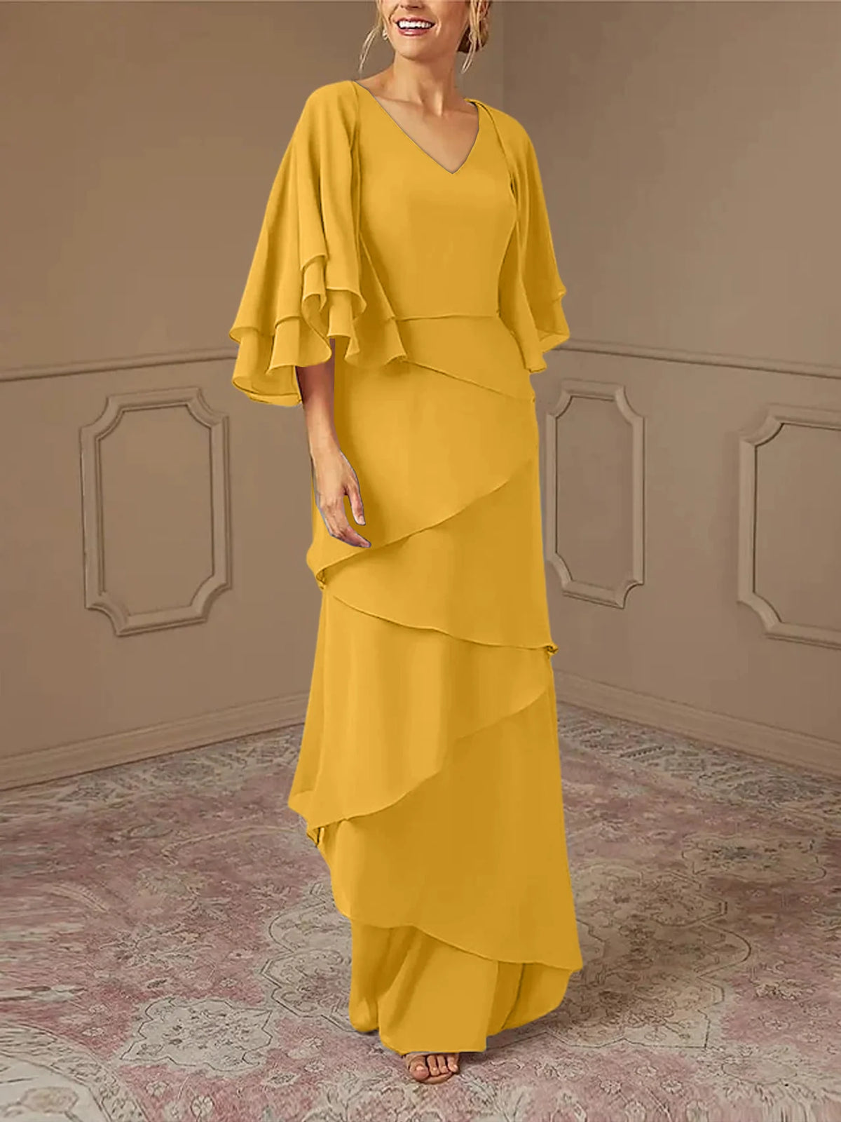 Mint Green Chiffon Layered Flutter Sleeve A-Line Floor-Length Bridesmaid Dress