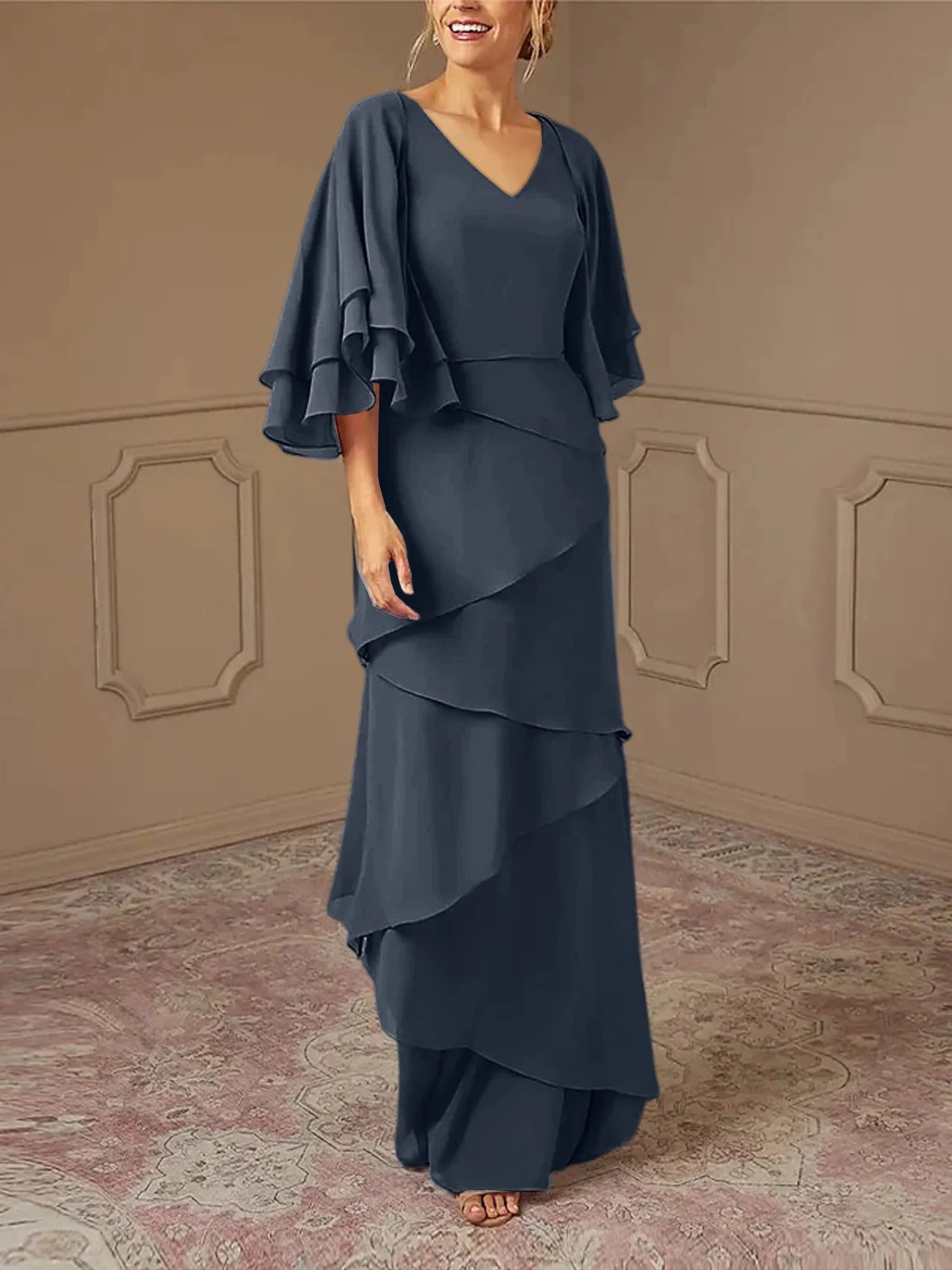 Mint Green Chiffon Layered Flutter Sleeve A-Line Floor-Length Bridesmaid Dress