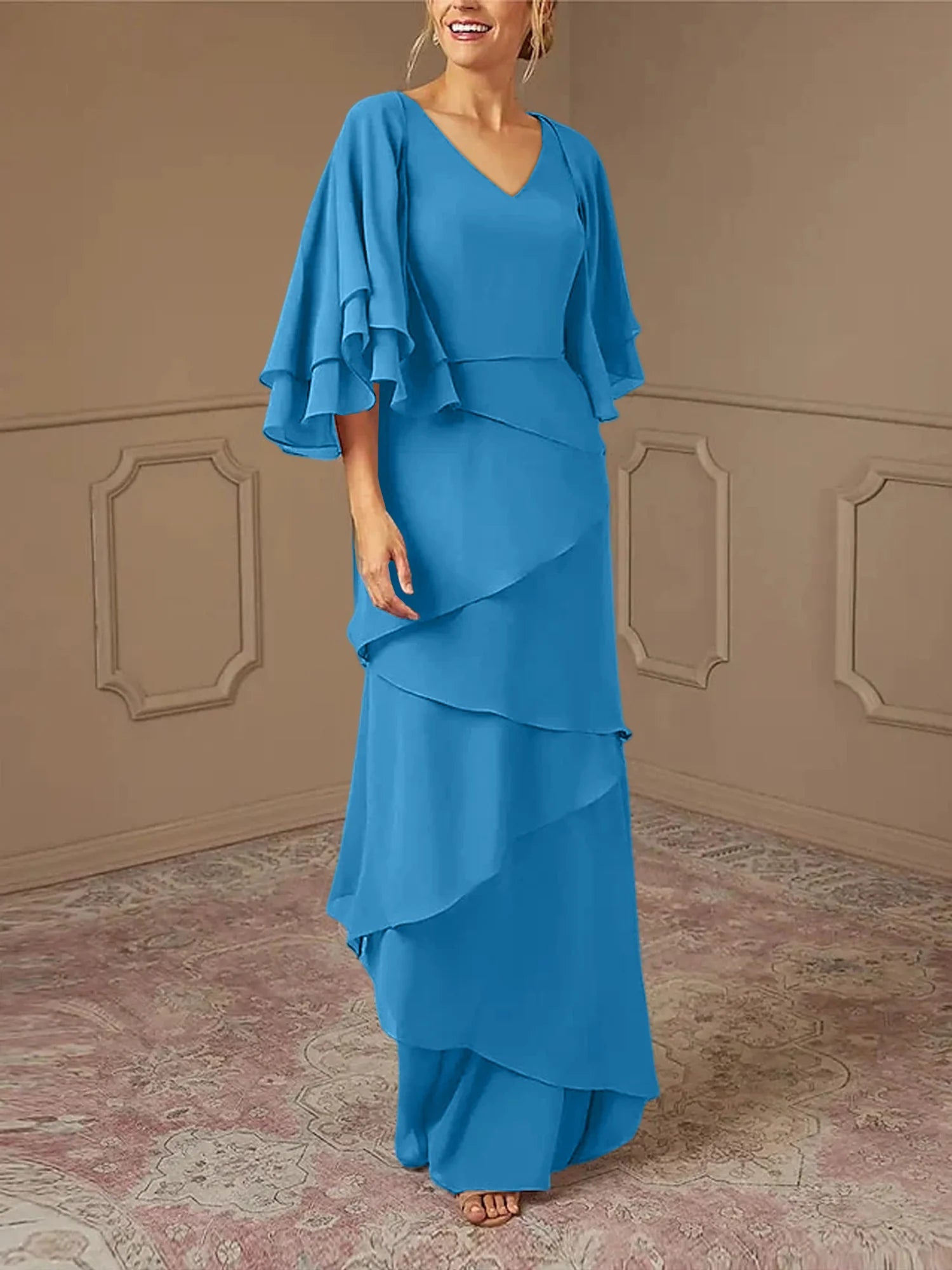 Mint Green Chiffon Layered Flutter Sleeve A-Line Floor-Length Bridesmaid Dress