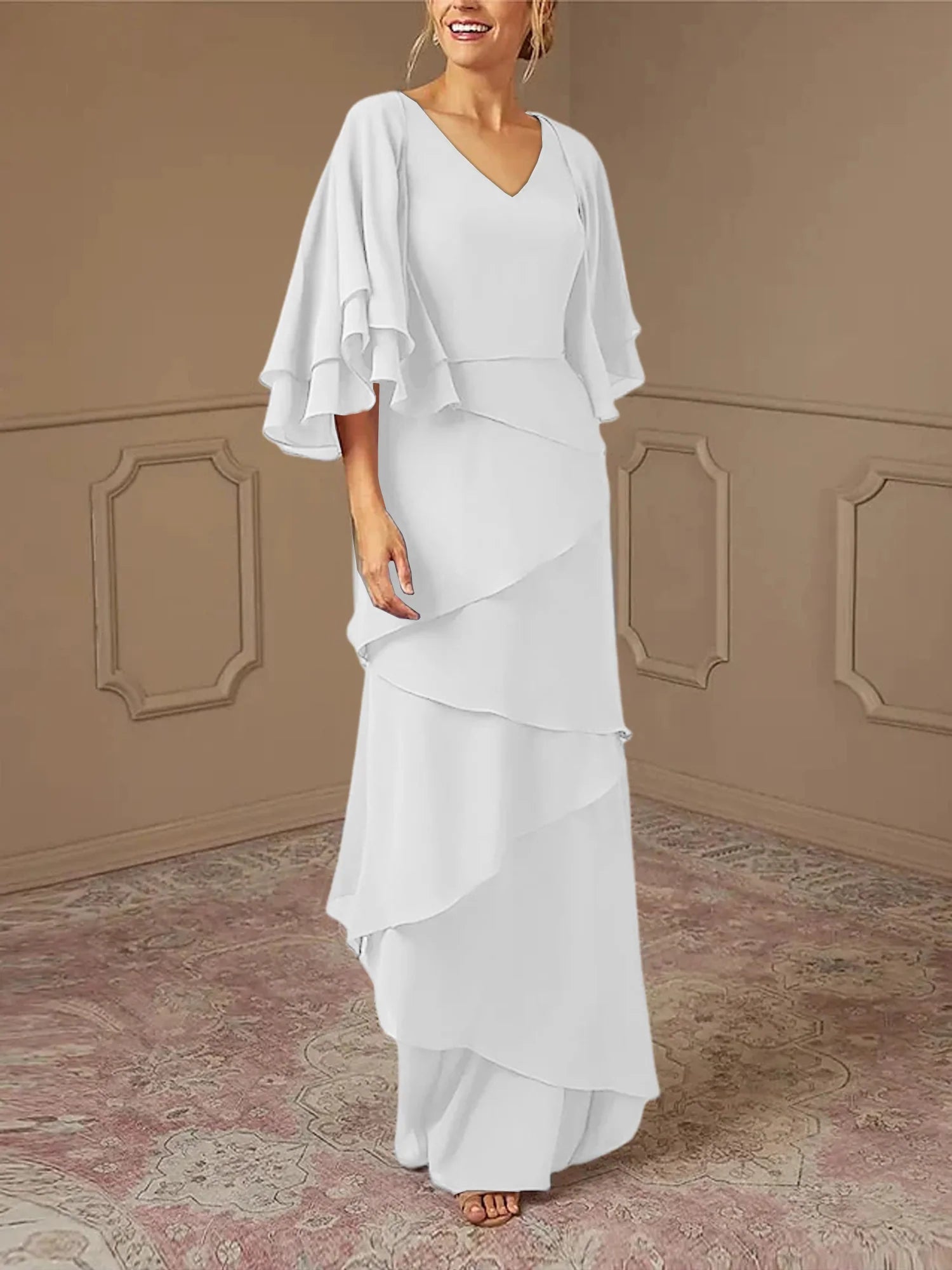 Mint Green Chiffon Layered Flutter Sleeve A-Line Floor-Length Bridesmaid Dress