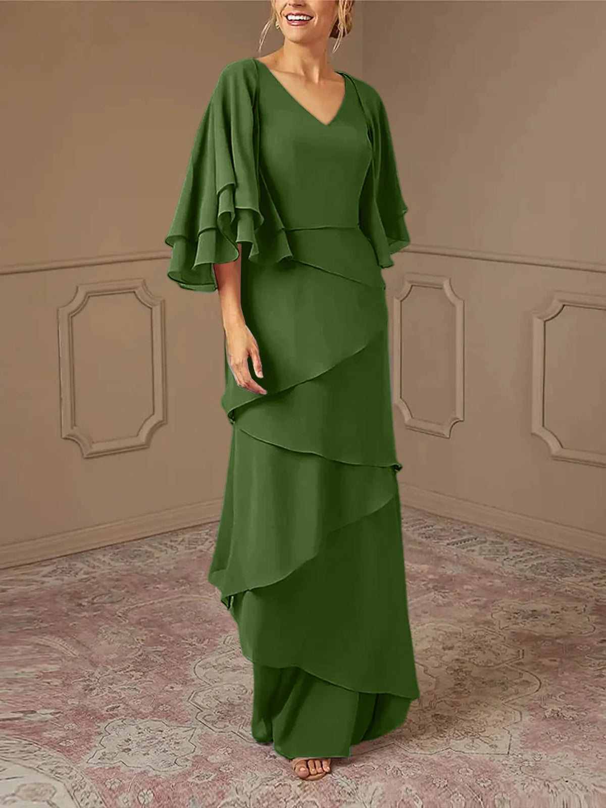 Mint Green Chiffon Layered Flutter Sleeve A-Line Floor-Length Bridesmaid Dress