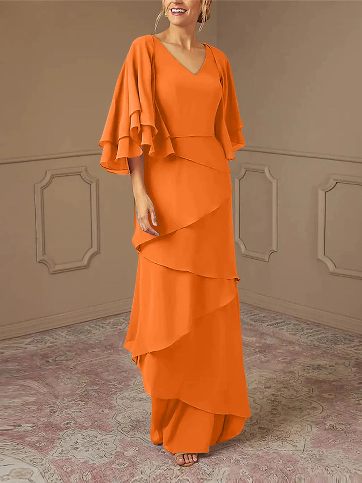 Dusty Blue Chiffon V-Neck Sheath/Column Floor-Length Evening Dress