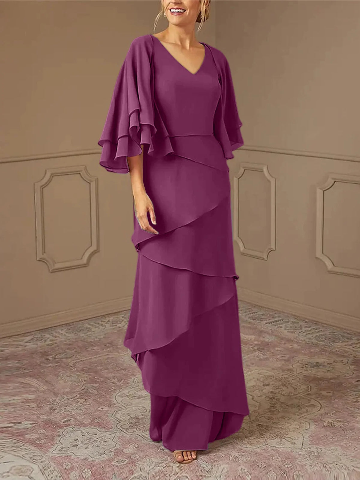 Mint Green Chiffon Layered Flutter Sleeve A-Line Floor-Length Bridesmaid Dress