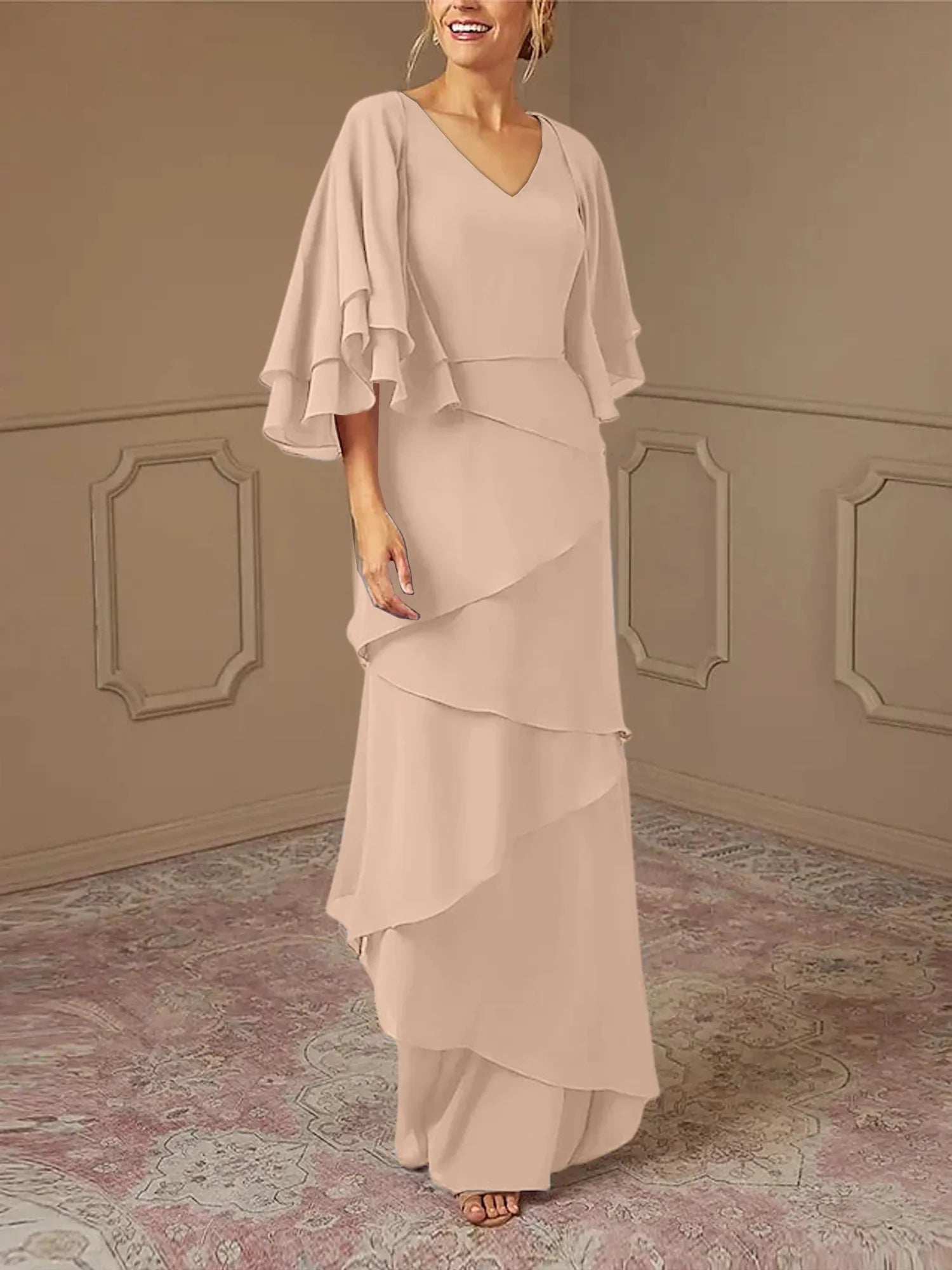Dusty Blue Chiffon V-Neck Sheath/Column Floor-Length Evening Dress