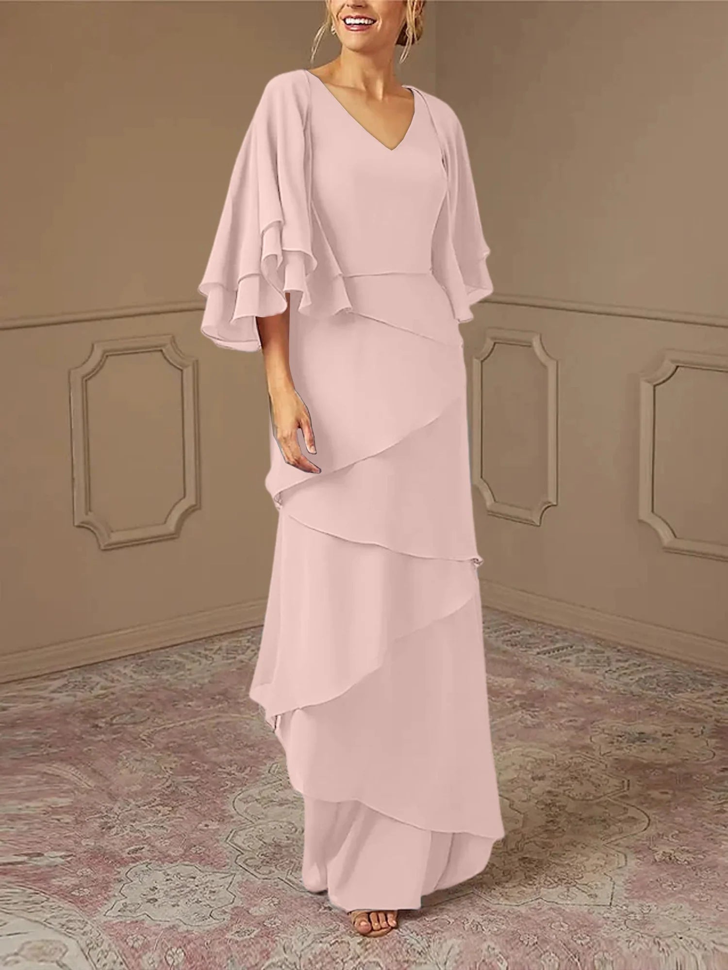 Dusty Blue Chiffon V-Neck Sheath/Column Floor-Length Evening Dress