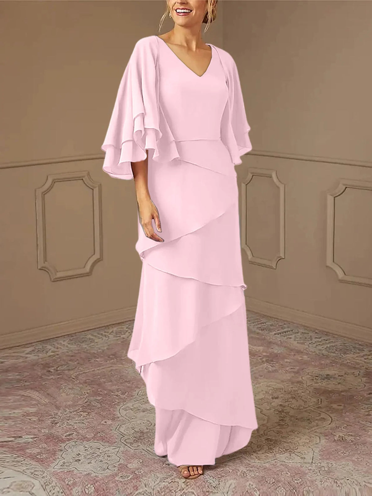 Dusty Blue Chiffon V-Neck Sheath/Column Floor-Length Evening Dress
