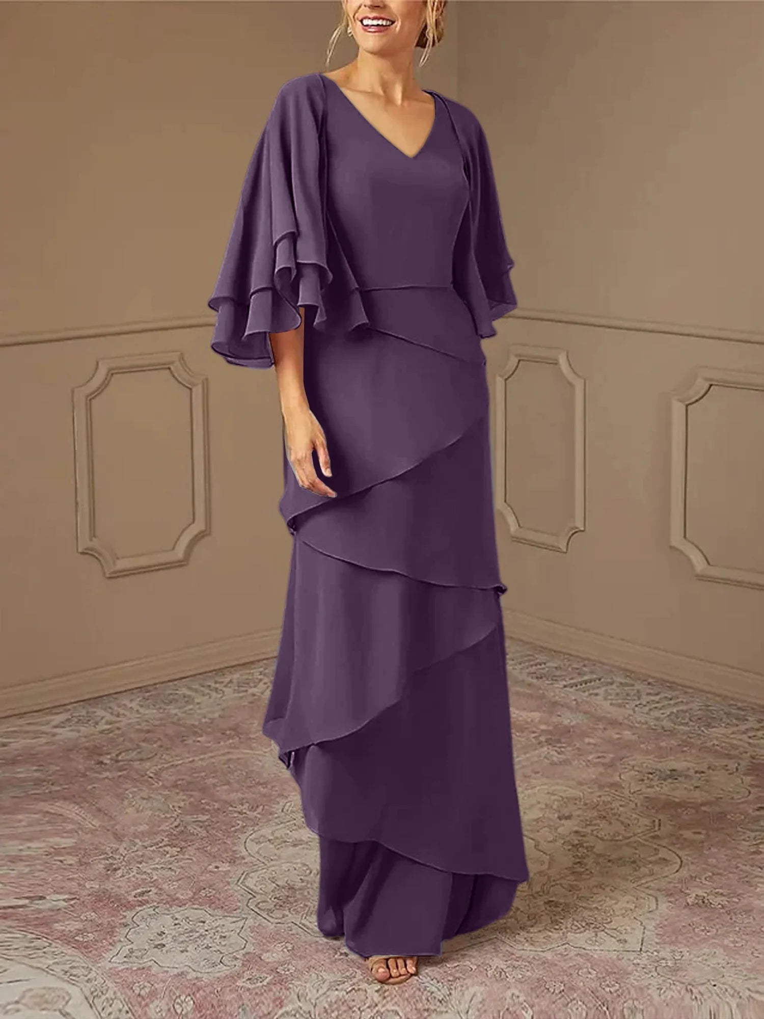 Mint Green Chiffon Layered Flutter Sleeve A-Line Floor-Length Bridesmaid Dress