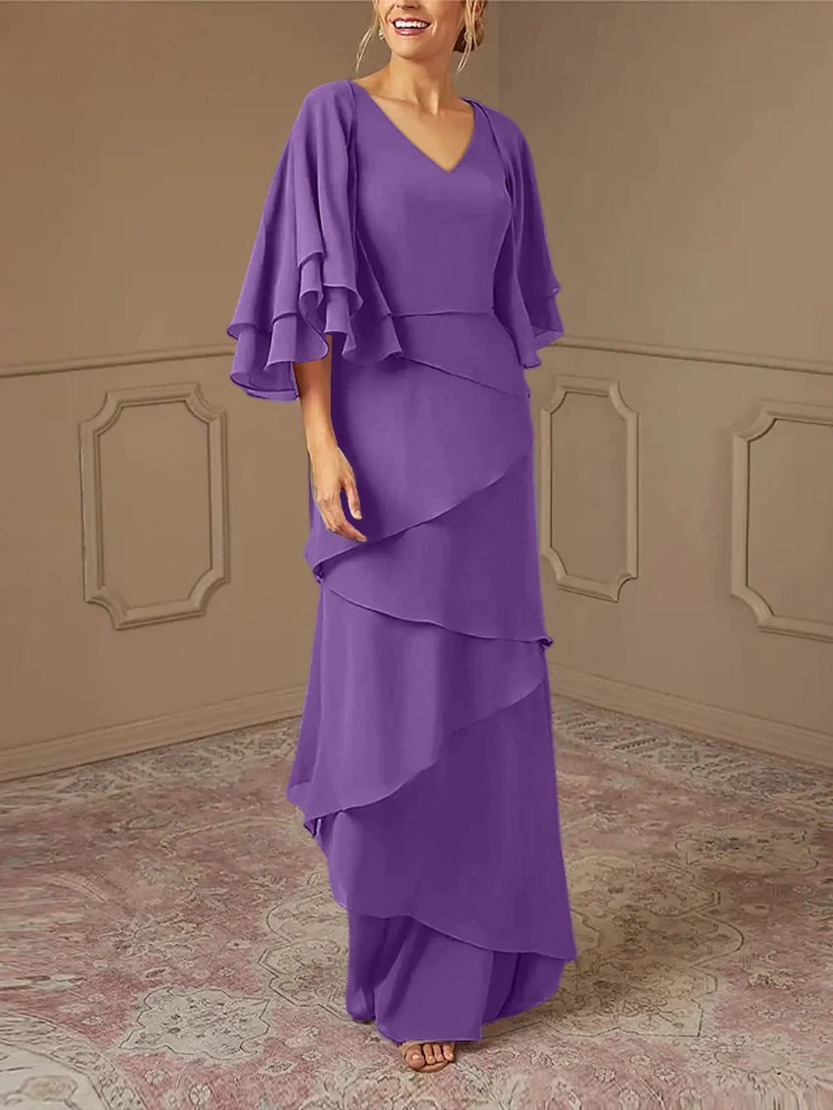 Mint Green Chiffon Layered Flutter Sleeve A-Line Floor-Length Bridesmaid Dress