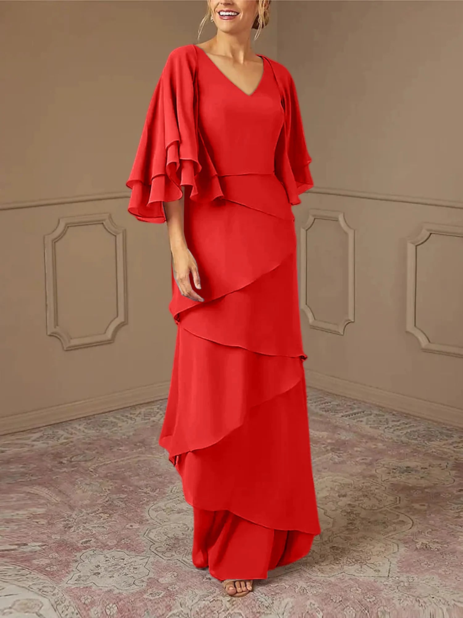 Mint Green Chiffon Layered Flutter Sleeve A-Line Floor-Length Bridesmaid Dress