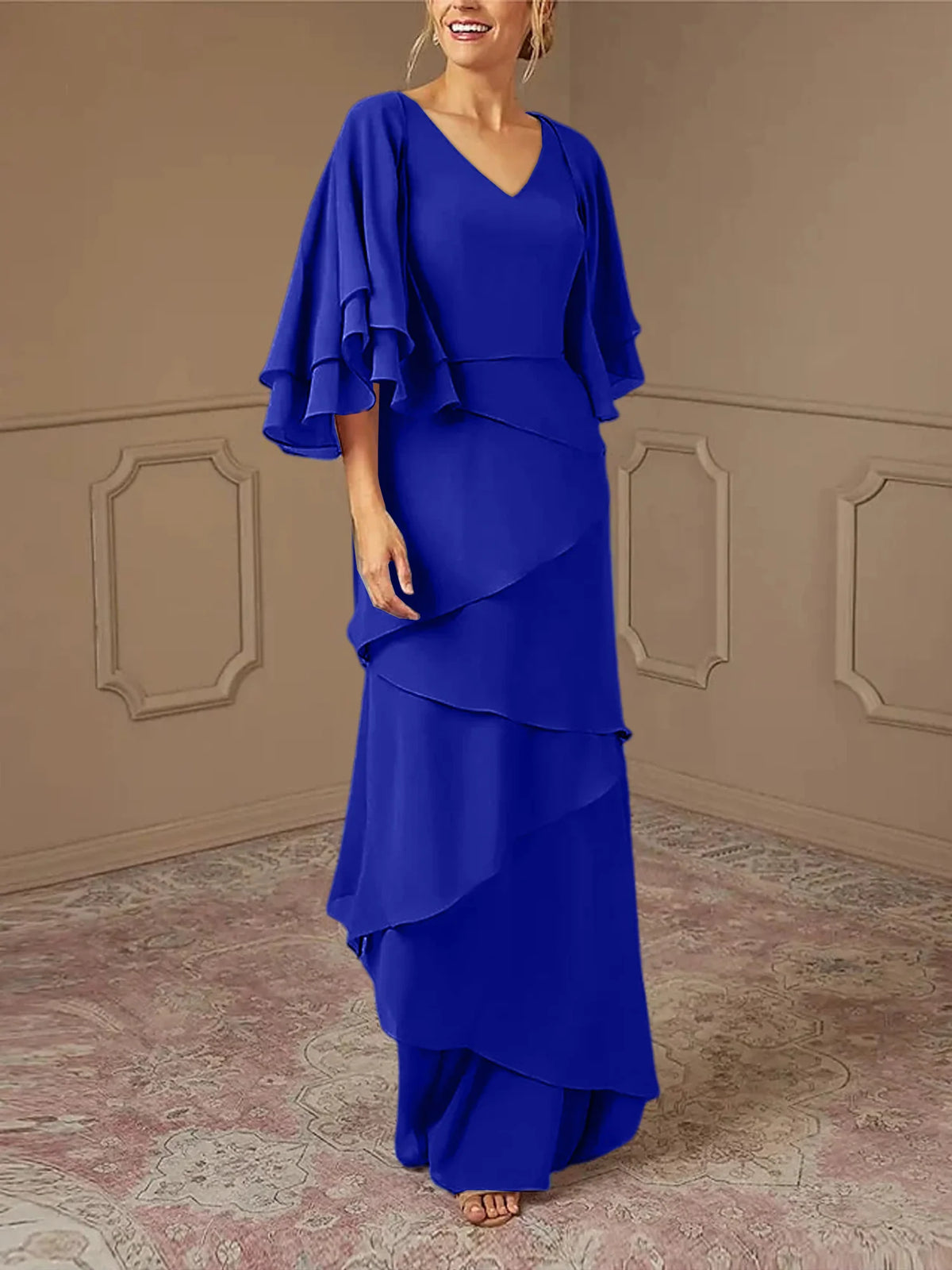Mint Green Chiffon Layered Flutter Sleeve A-Line Floor-Length Bridesmaid Dress