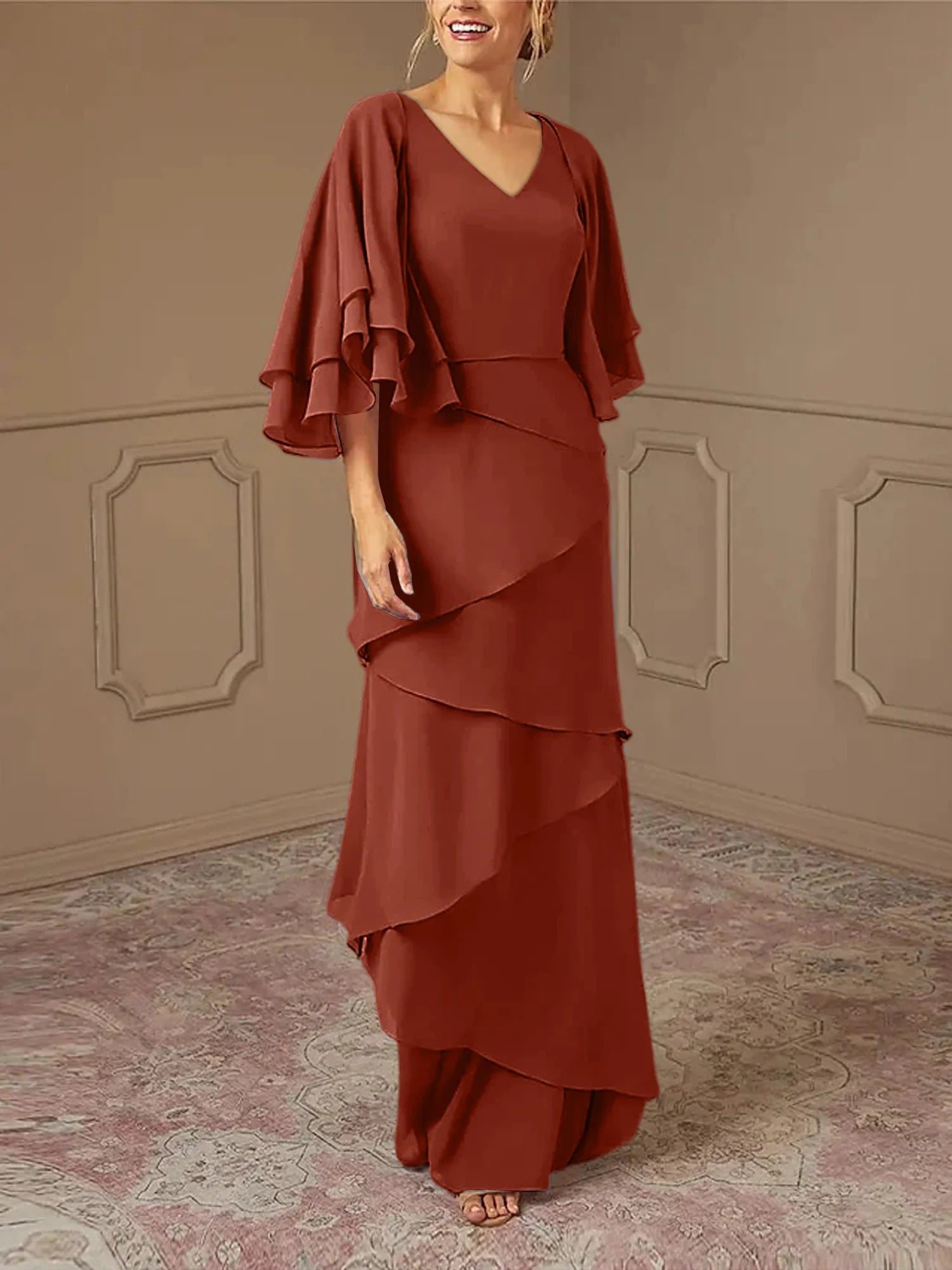 Mint Green Chiffon Layered Flutter Sleeve A-Line Floor-Length Bridesmaid Dress