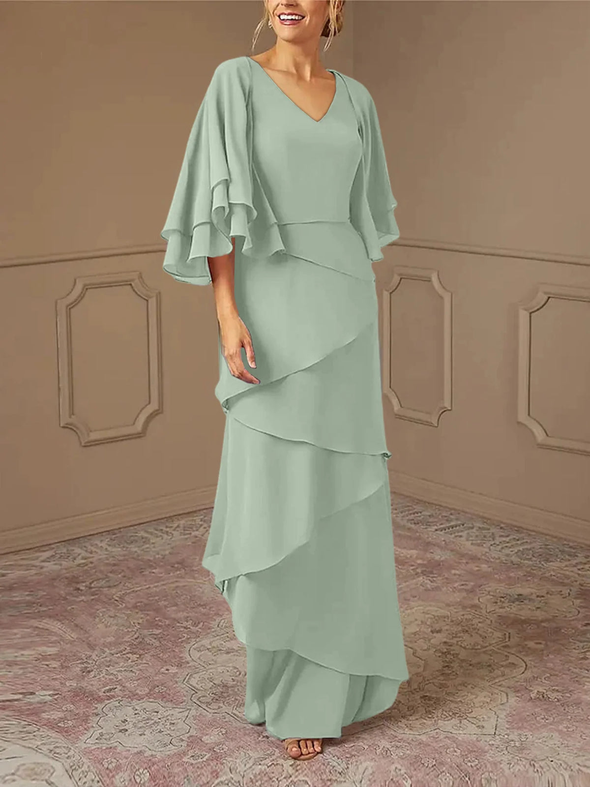 Mint Green Chiffon Layered Flutter Sleeve A-Line Floor-Length Bridesmaid Dress