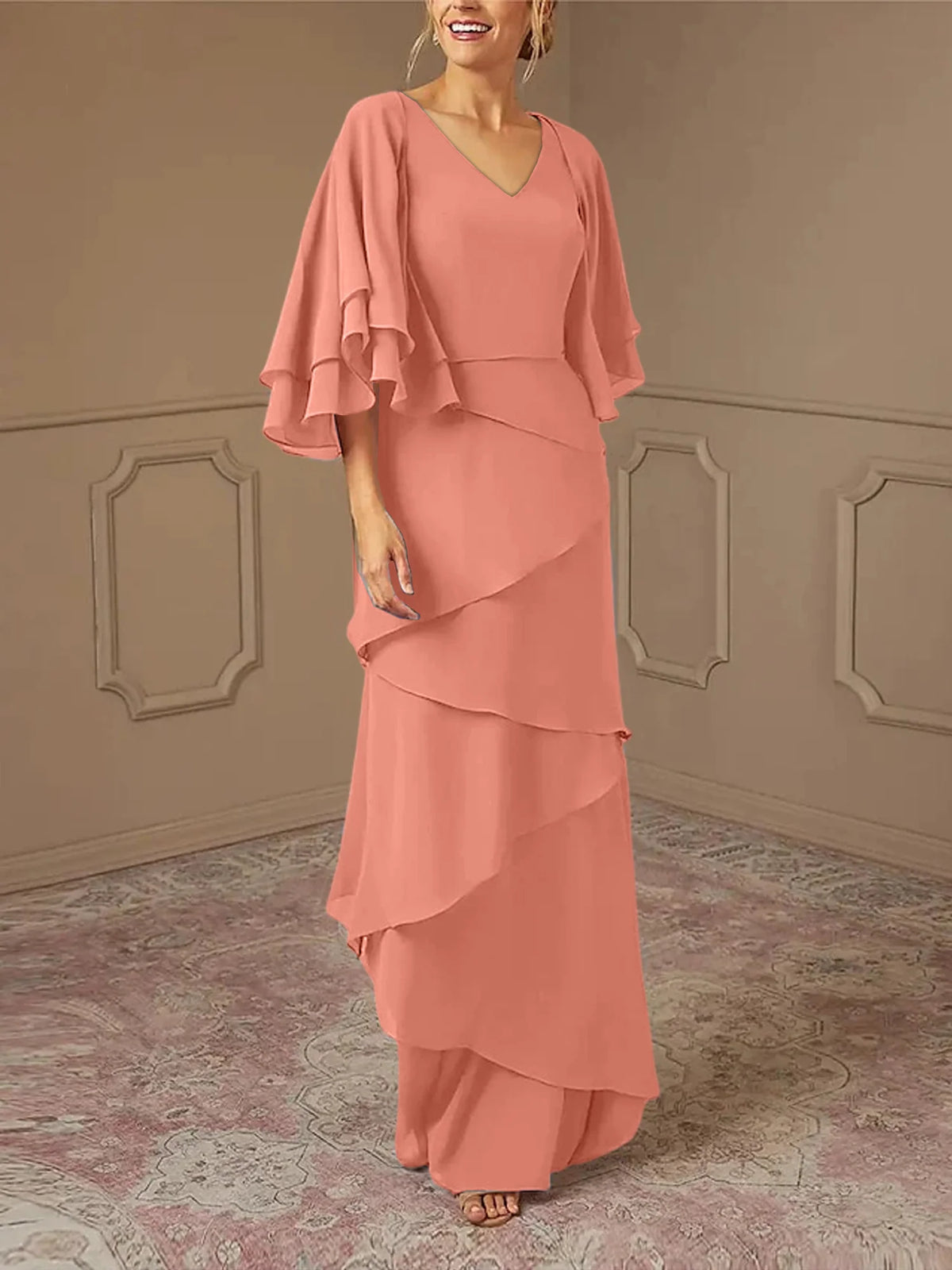 Mint Green Chiffon Layered Flutter Sleeve A-Line Floor-Length Bridesmaid Dress