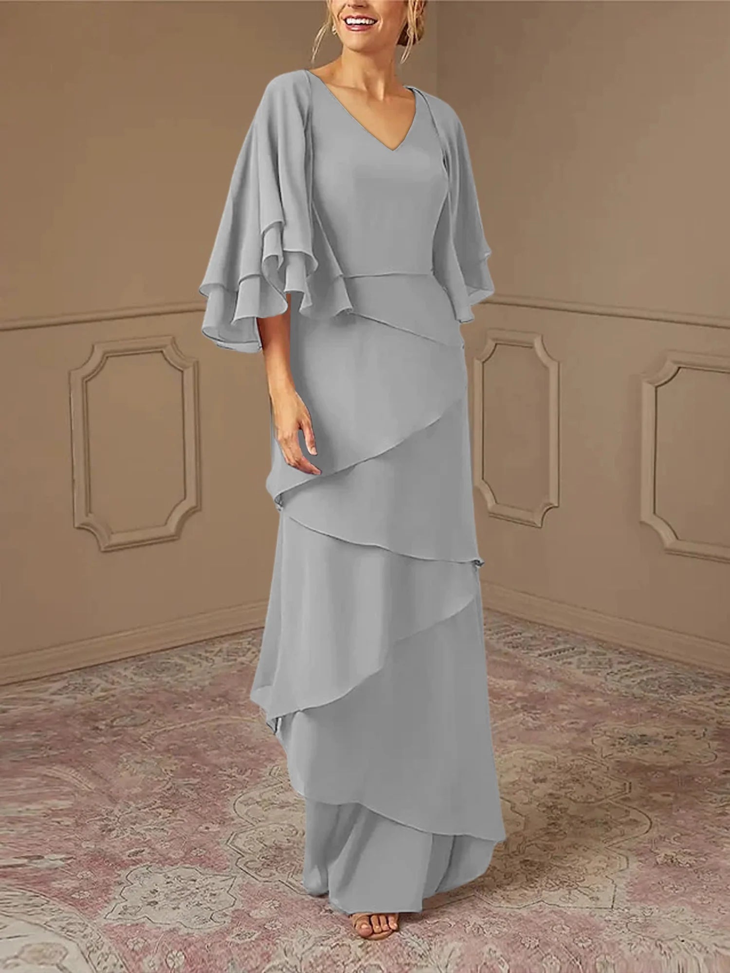 Dusty Blue Chiffon V-Neck Sheath/Column Floor-Length Evening Dress
