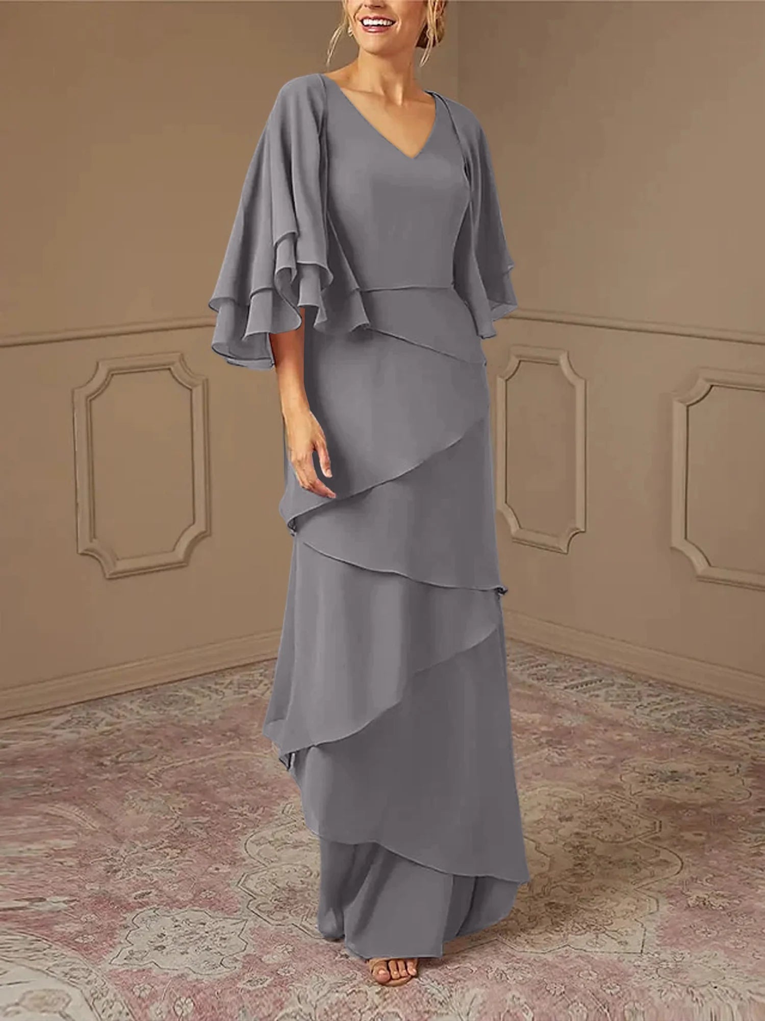 Dusty Blue Chiffon V-Neck Sheath/Column Floor-Length Evening Dress