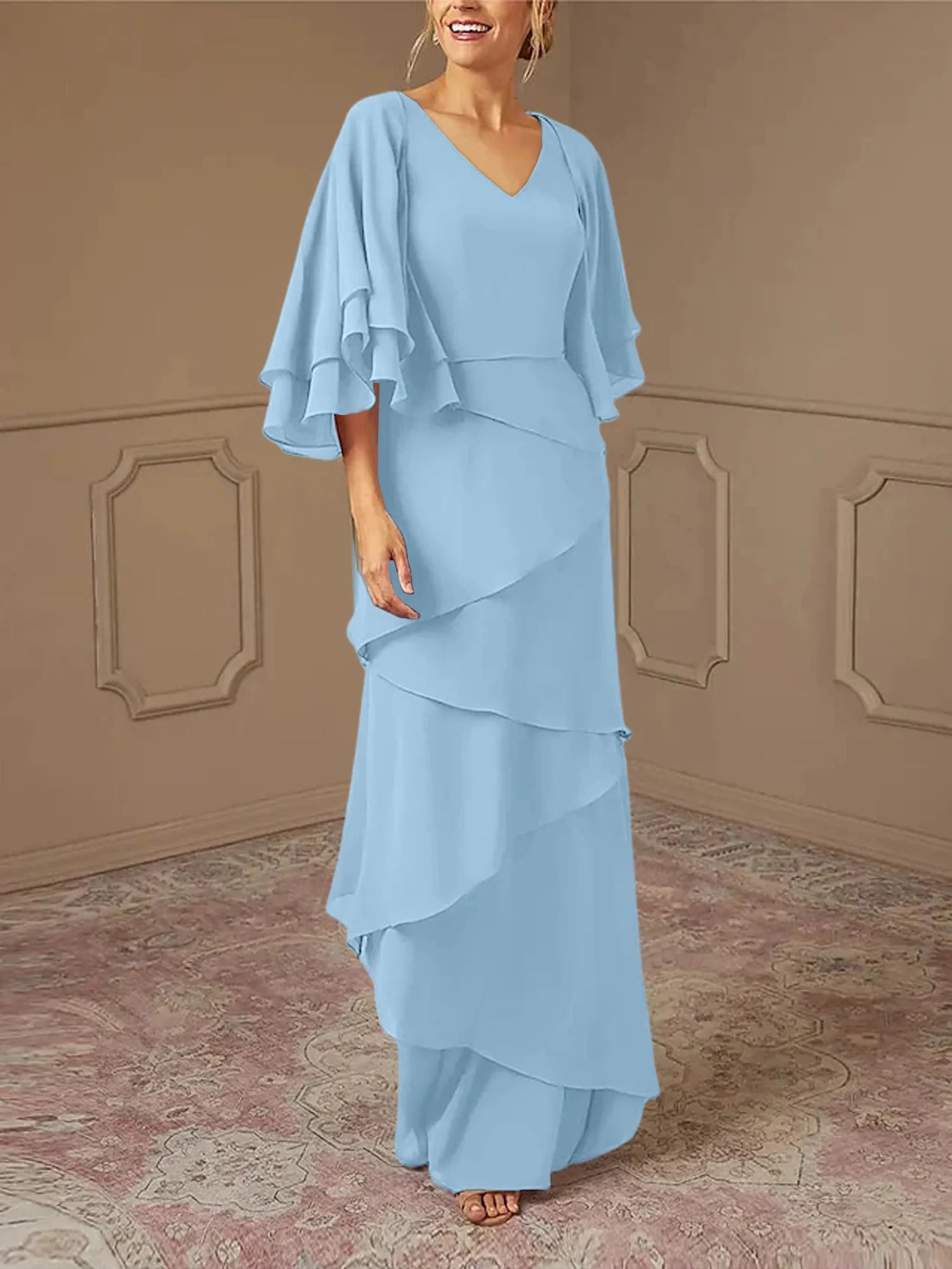 Dusty Blue Chiffon V-Neck Sheath/Column Floor-Length Evening Dress