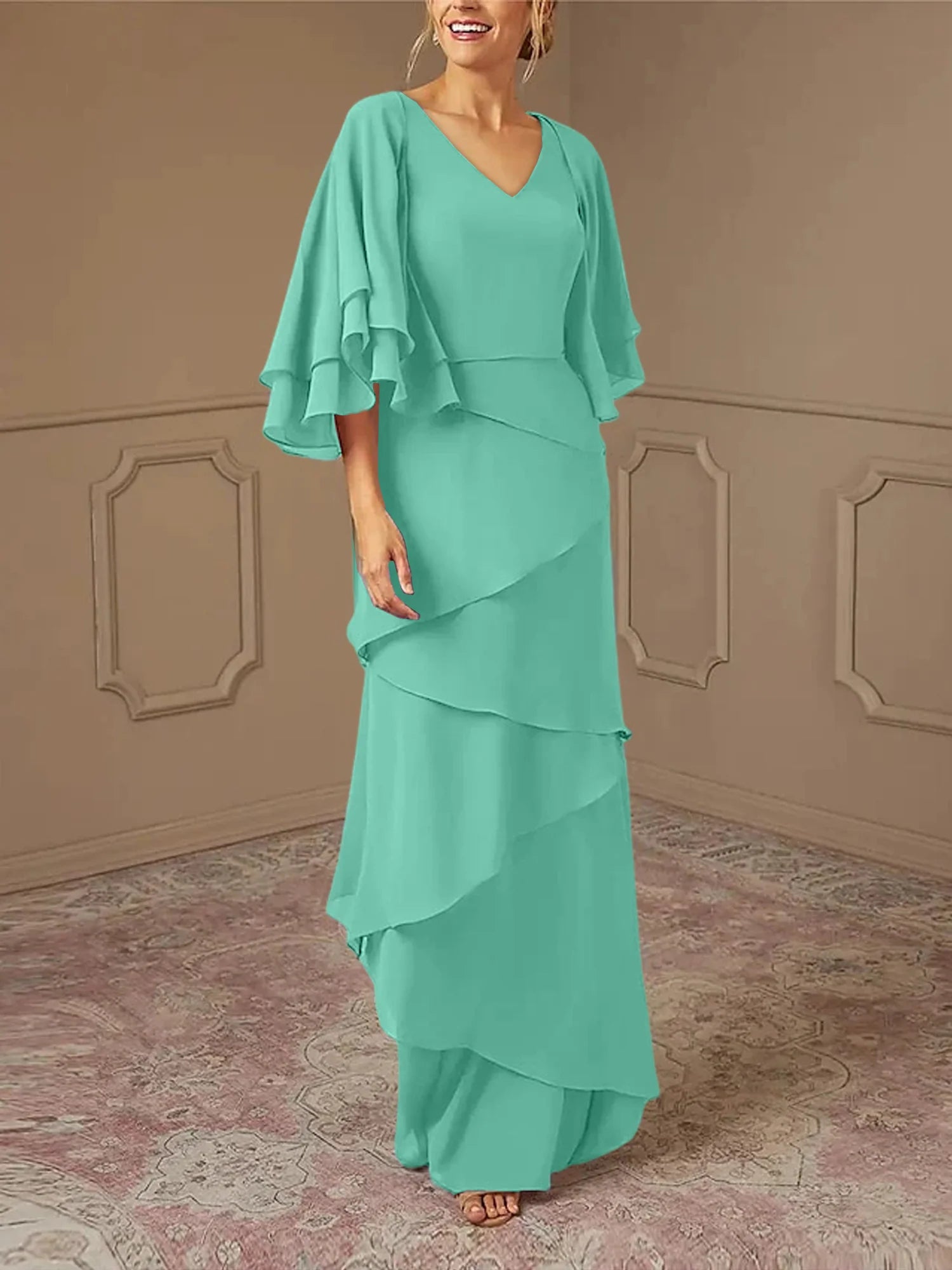 Mint Green Chiffon Layered Flutter Sleeve A-Line Floor-Length Bridesmaid Dress