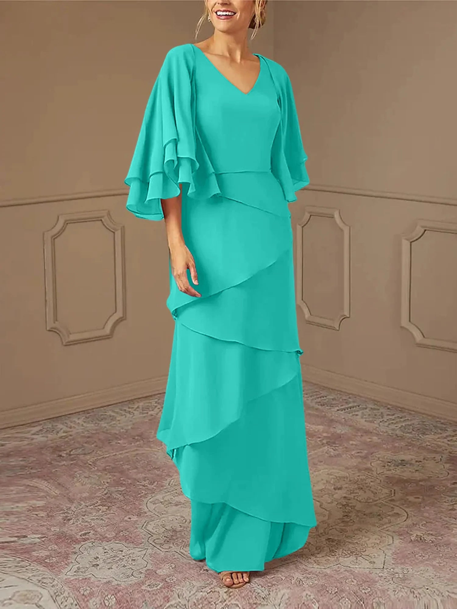 Dusty Blue Chiffon V-Neck Sheath/Column Floor-Length Evening Dress