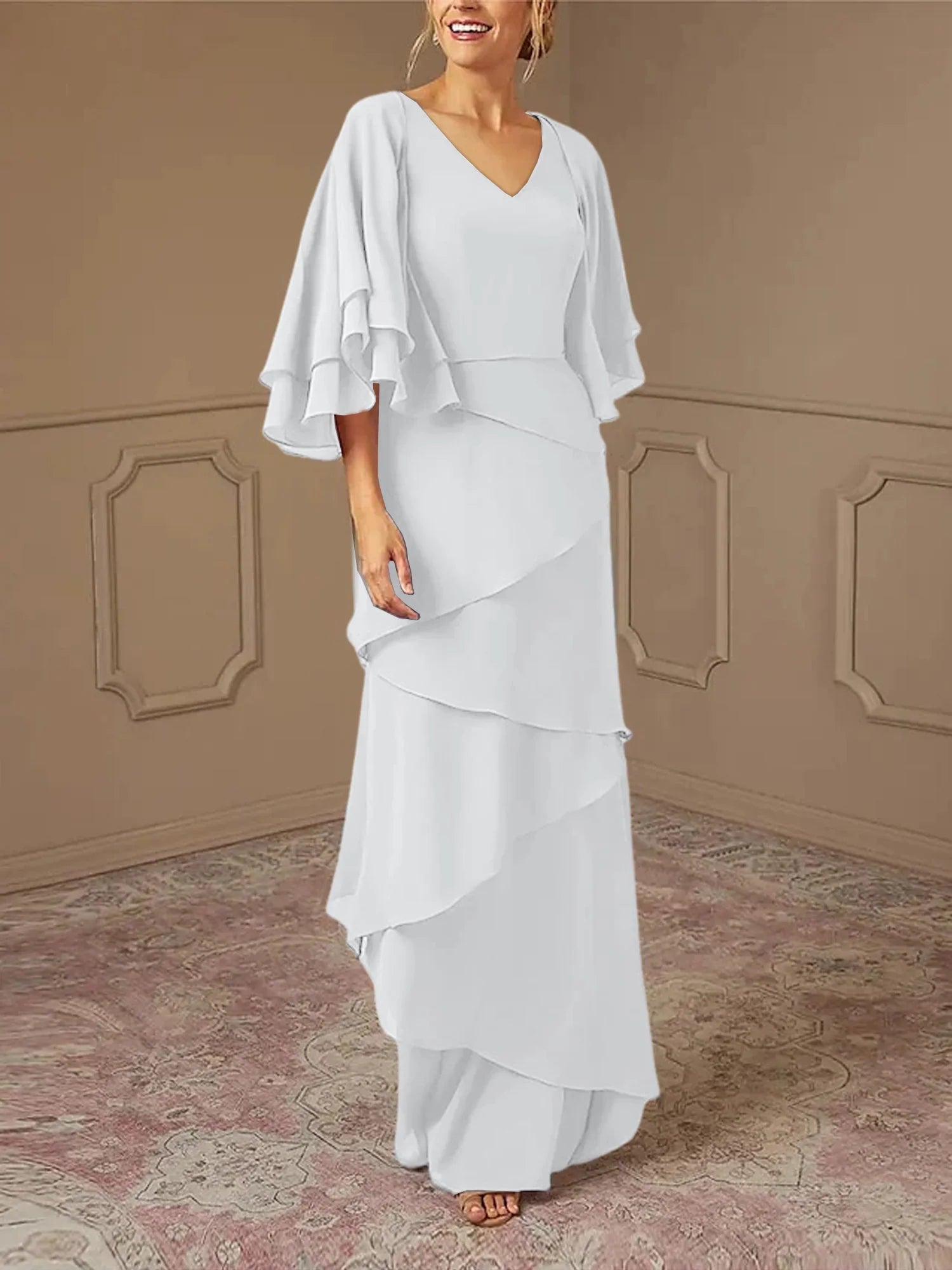 Dusty Blue Chiffon V-Neck Sheath/Column Floor-Length Evening Dress