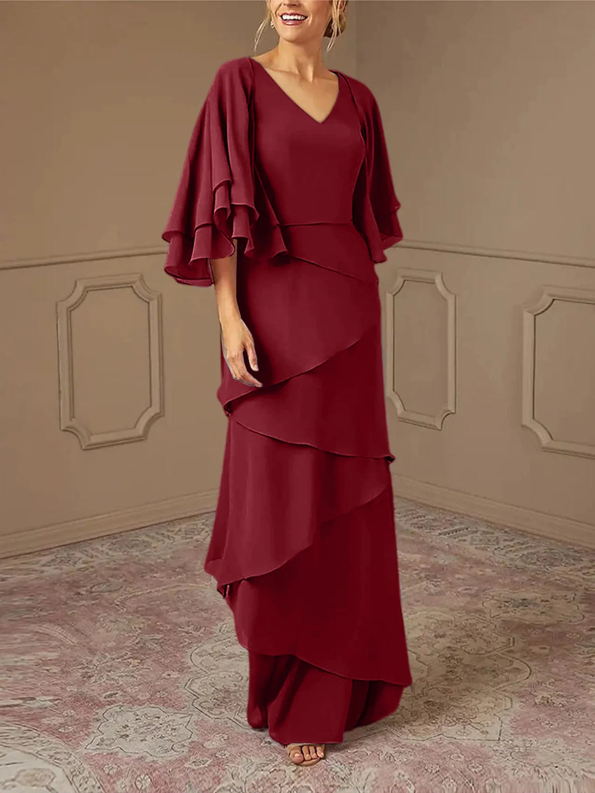 Dusty Blue Chiffon V-Neck Sheath/Column Floor-Length Evening Dress