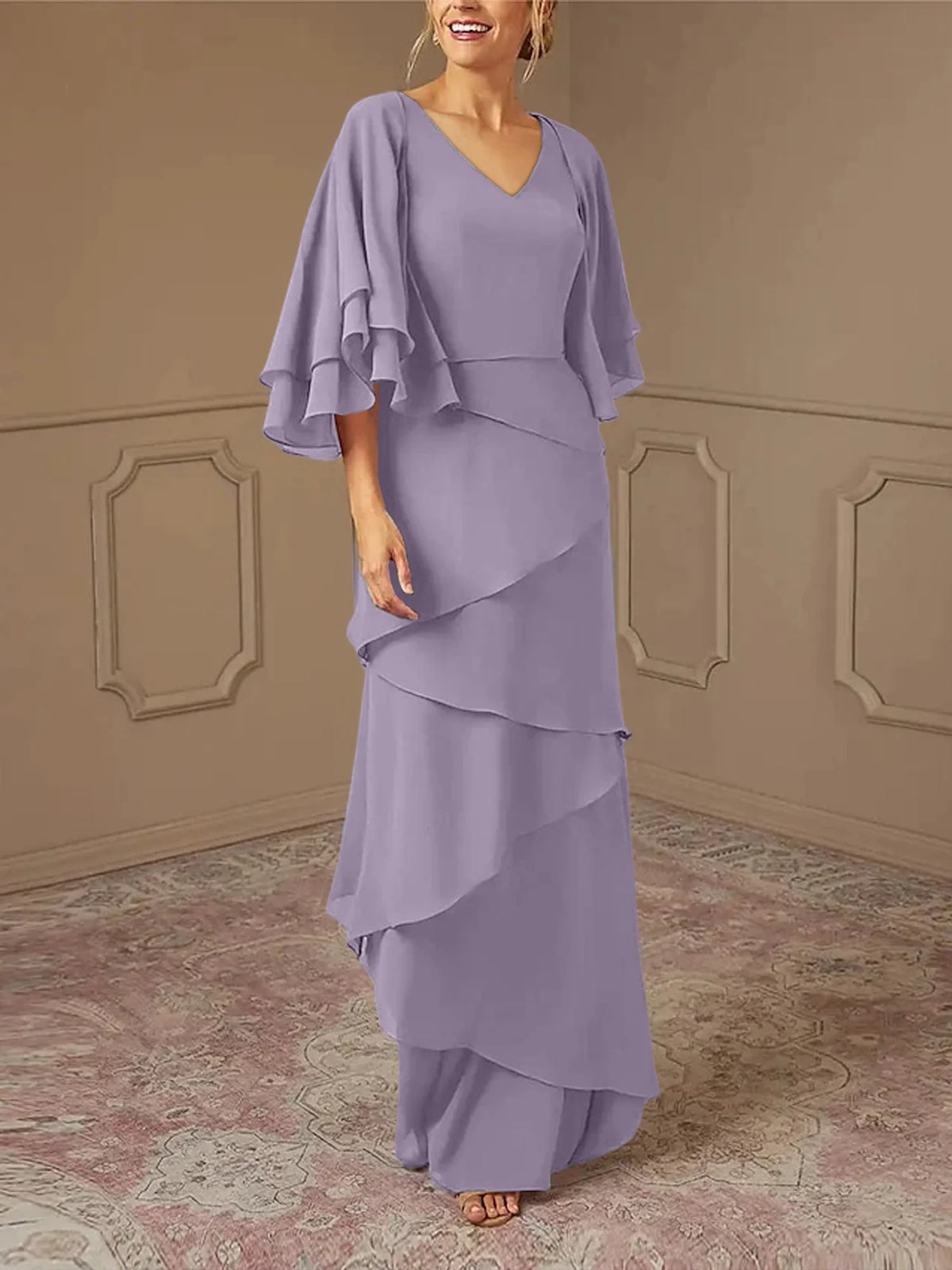 Dusty Blue Chiffon V-Neck Sheath/Column Floor-Length Evening Dress