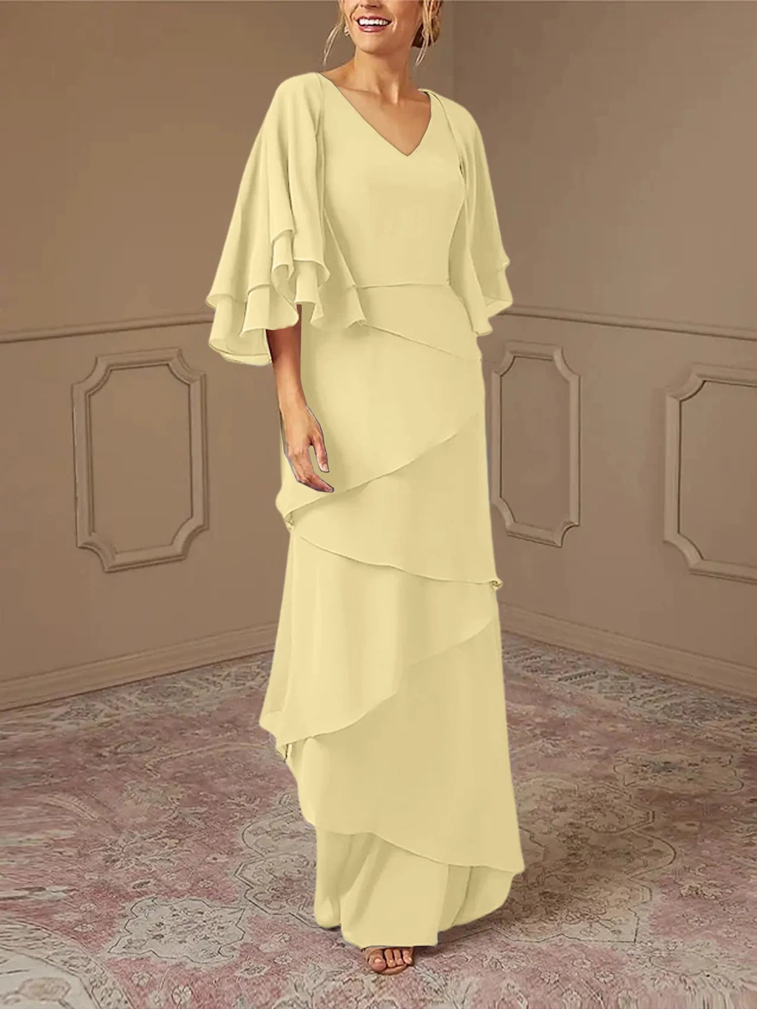 Dusty Blue Chiffon V-Neck Sheath/Column Floor-Length Evening Dress
