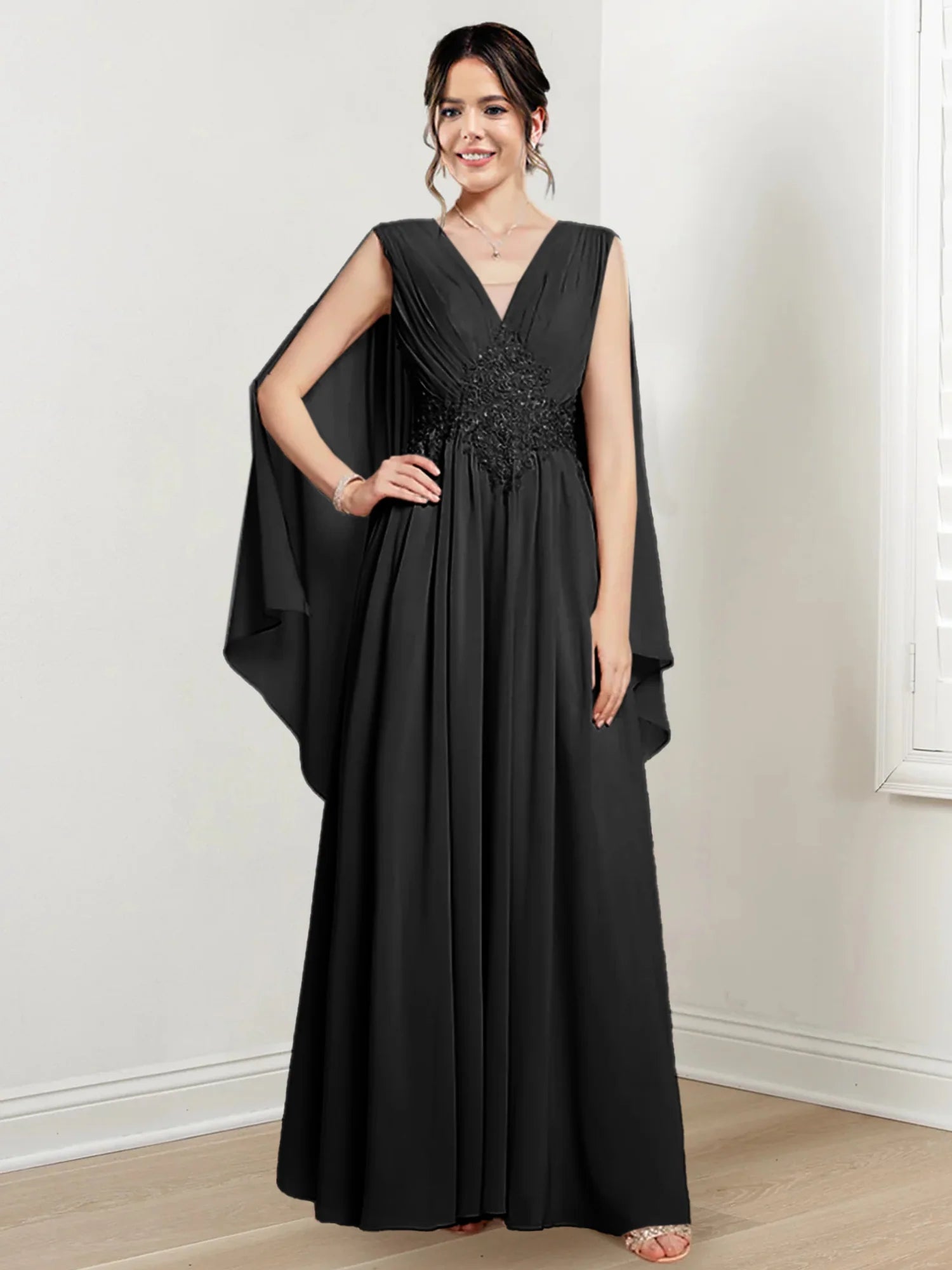 Blushing Pink Chiffon A-Line Floor-Length V-Neck Evening Dress