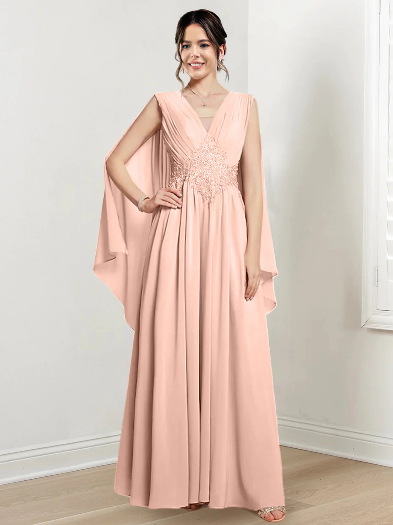 Blushing Pink Chiffon A-Line Floor-Length V-Neck Evening Dress