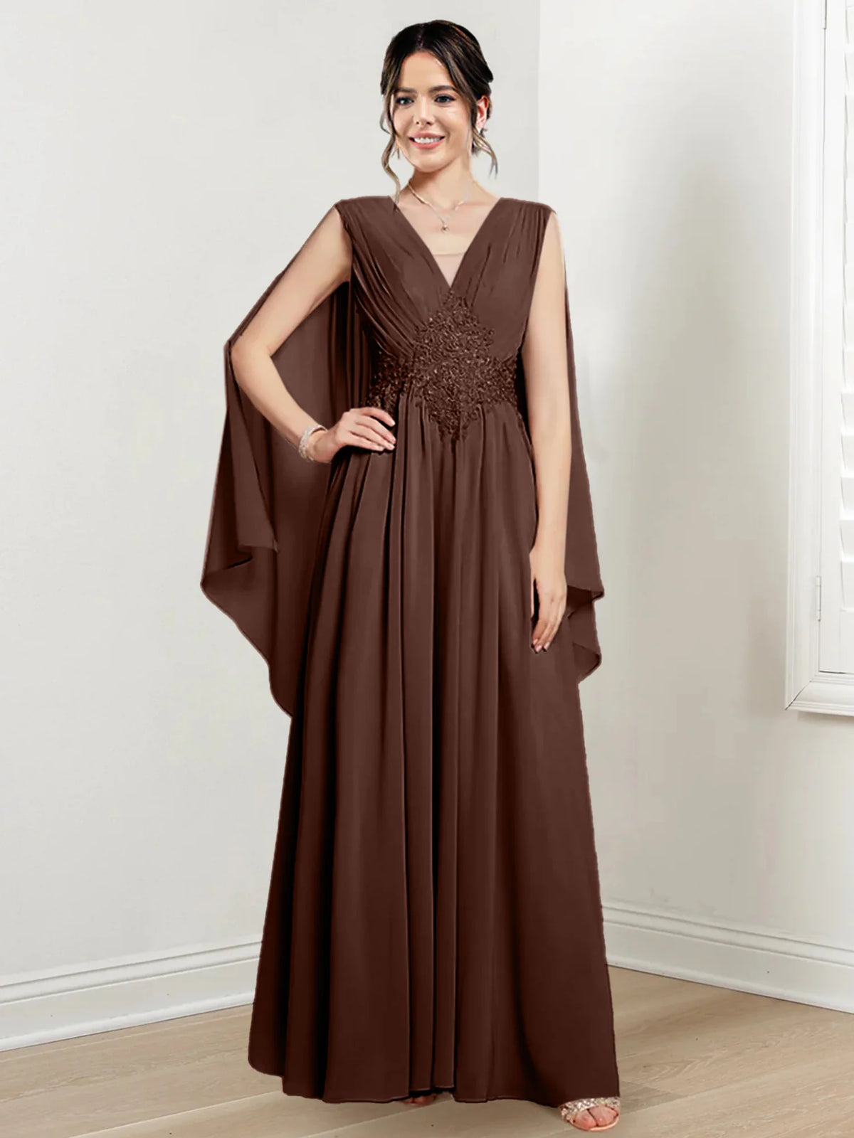 Blushing Pink Chiffon A-Line Floor-Length V-Neck Evening Dress
